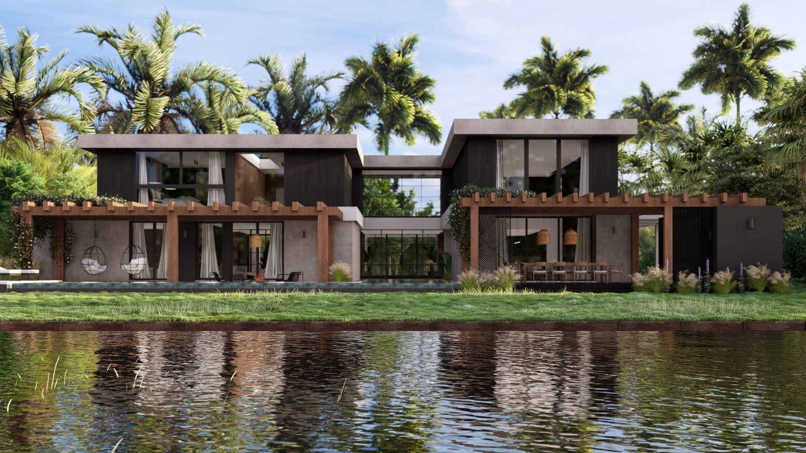 casa moderna con piscina y vegetación tropical — proyecto Casa SF, por Hermann Arquitectos, en Los Cipreses 2