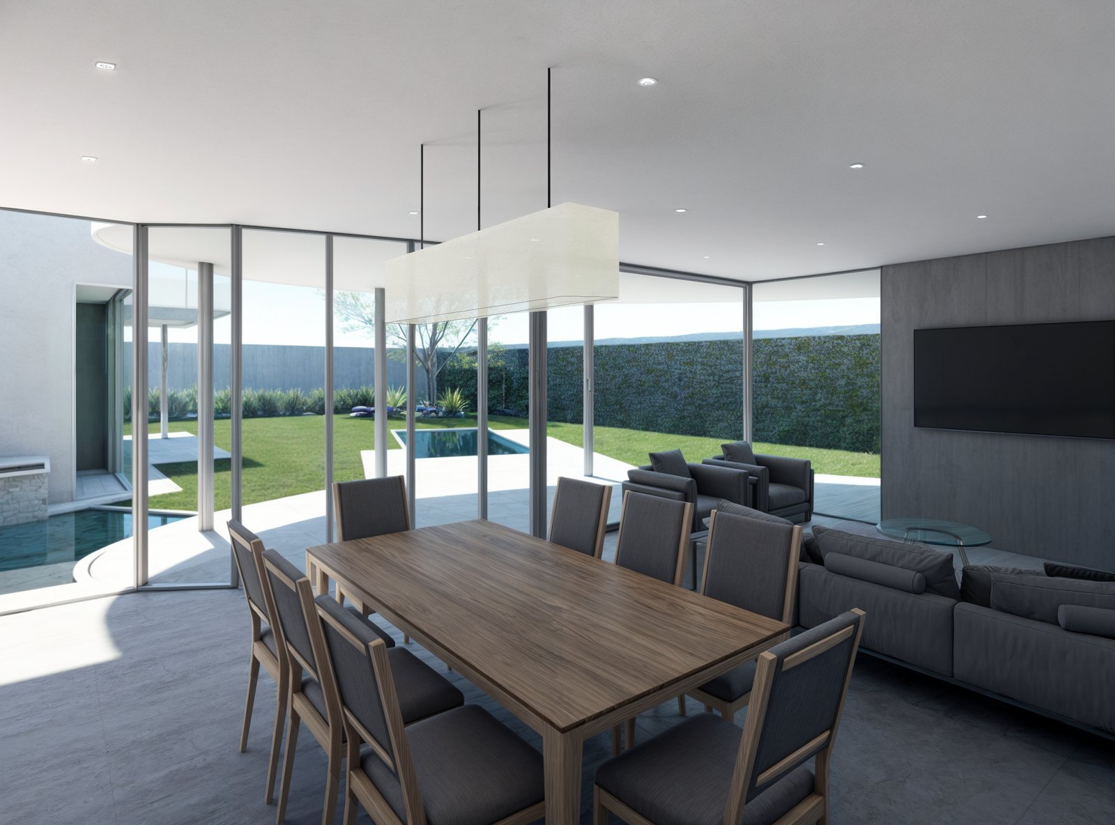 Comedor moderno integrado con living y vista al exterior — proyecto Visualización. Vivienda en country, por condor estudio, en Mendoza