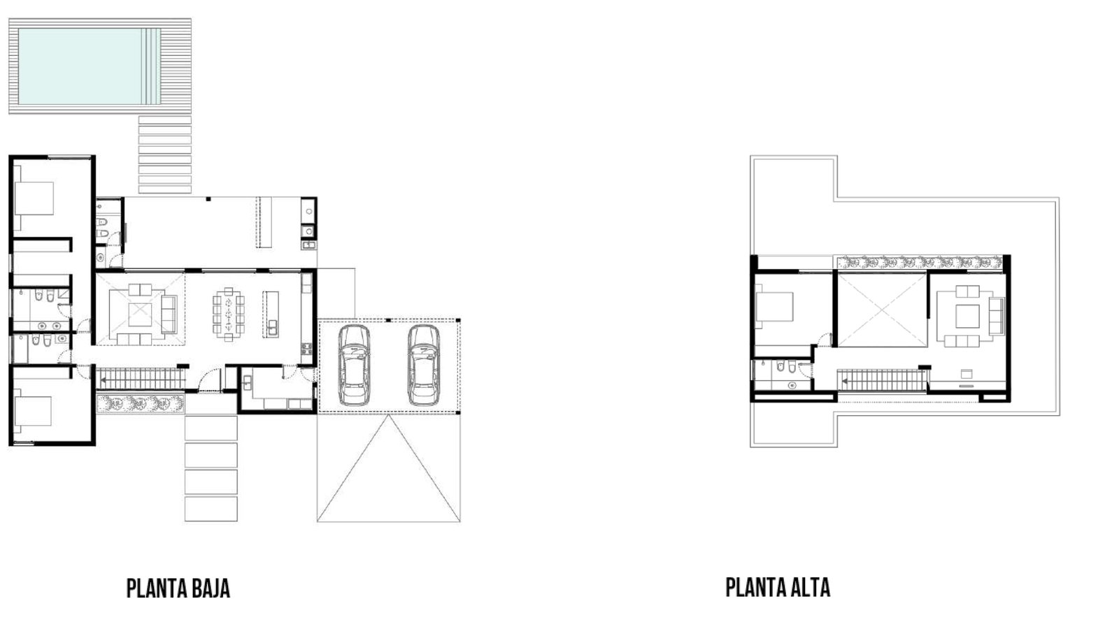 Planta de casa moderna com dois níveis, piscina e garagem — projeto Casa SI, por MMCZ STUDIO, em La Pista 803