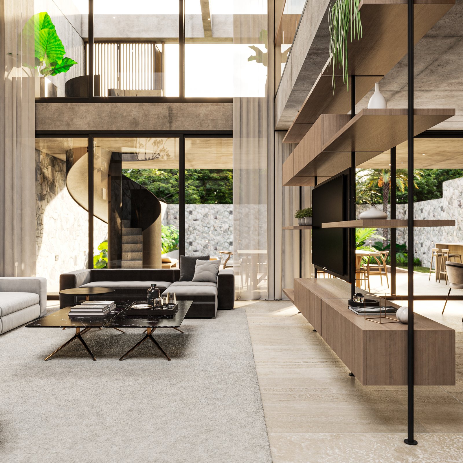 Sala de estar moderna de doble altura com vista para floresta e prateleiras integradas — projeto Casa MITO, por Grupo CRBN, em Ituzaingó
