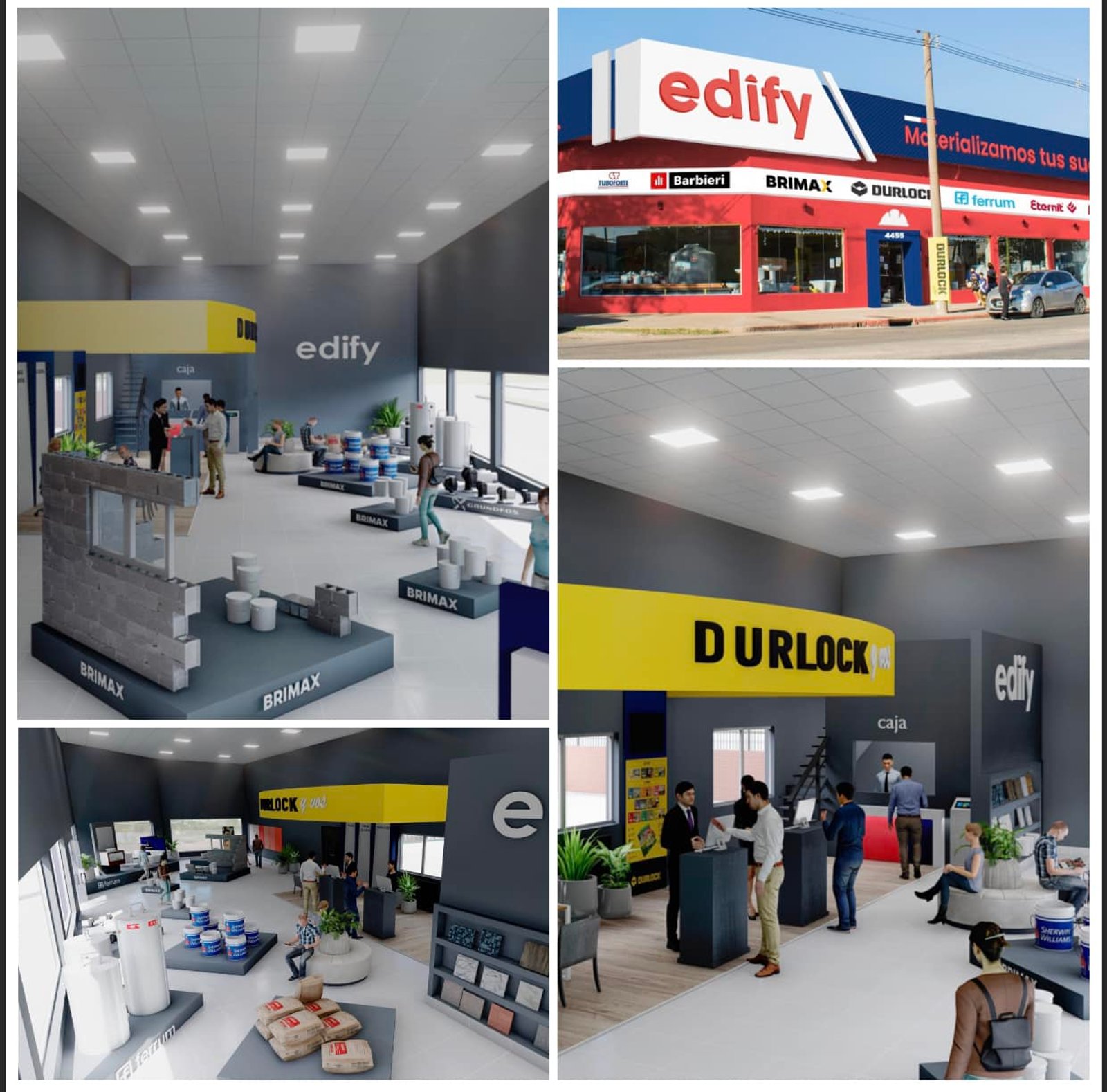 Interior de loja comercial moderna com prateleiras brancas — projeto Edify Corrientes, Casa de Materiales de Construccion., por Arquitecto Gustavo Maidana, em Corrientes