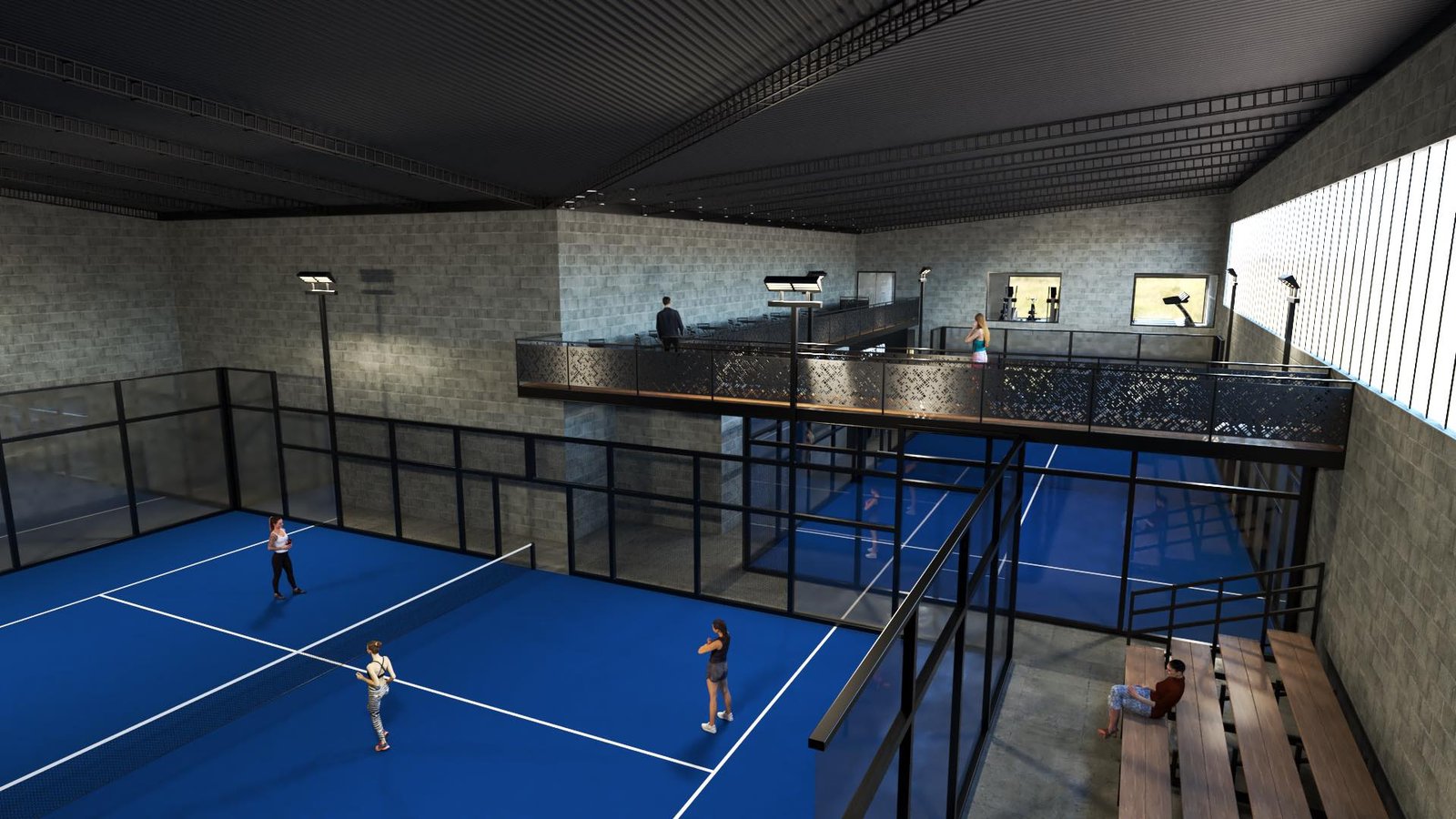 Quadra de padel interna com estética industrial e mezanino — projeto Complejo de Padel, Resto - Bar, por Arquitecto Gustavo Maidana, em Caá Catí