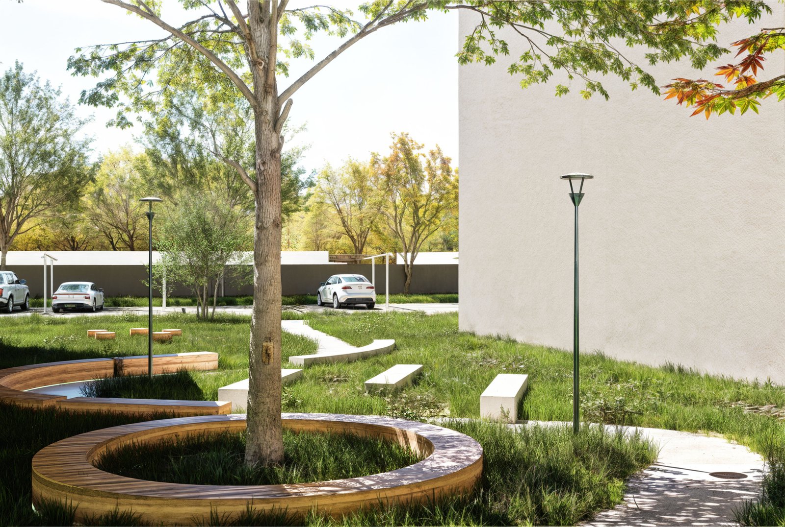 Jardín moderno con banco curvo de madera y luces exteriores — proyecto PARQUE ALTO LIBERTADOR SUITTE, por ML ARQUITECTURA / ARQ. MARIANO LEOTTA, en San Juan