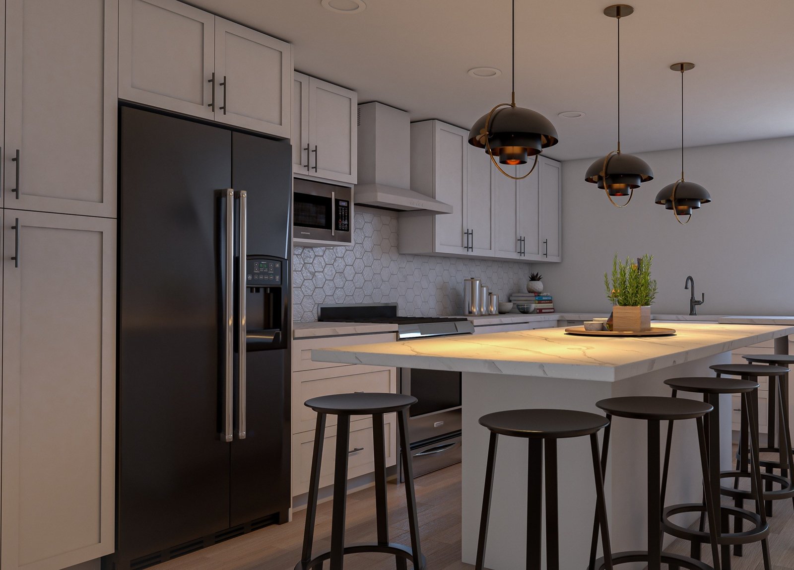 Cocina moderna con isla, heladera negra y luces colgantes — proyecto Reforma cocina , por Inva interiorismo, en B7609 Santa Clara del Mar