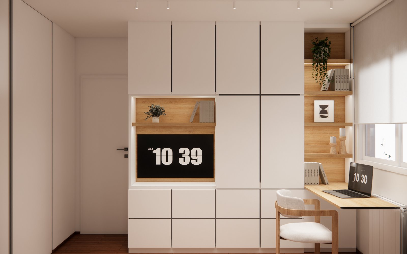 Oficina moderna estilo nórdico con almacenamiento integrado — proyecto Home office en espacio reducido, por Mela Deco Design, en Buenos Aires