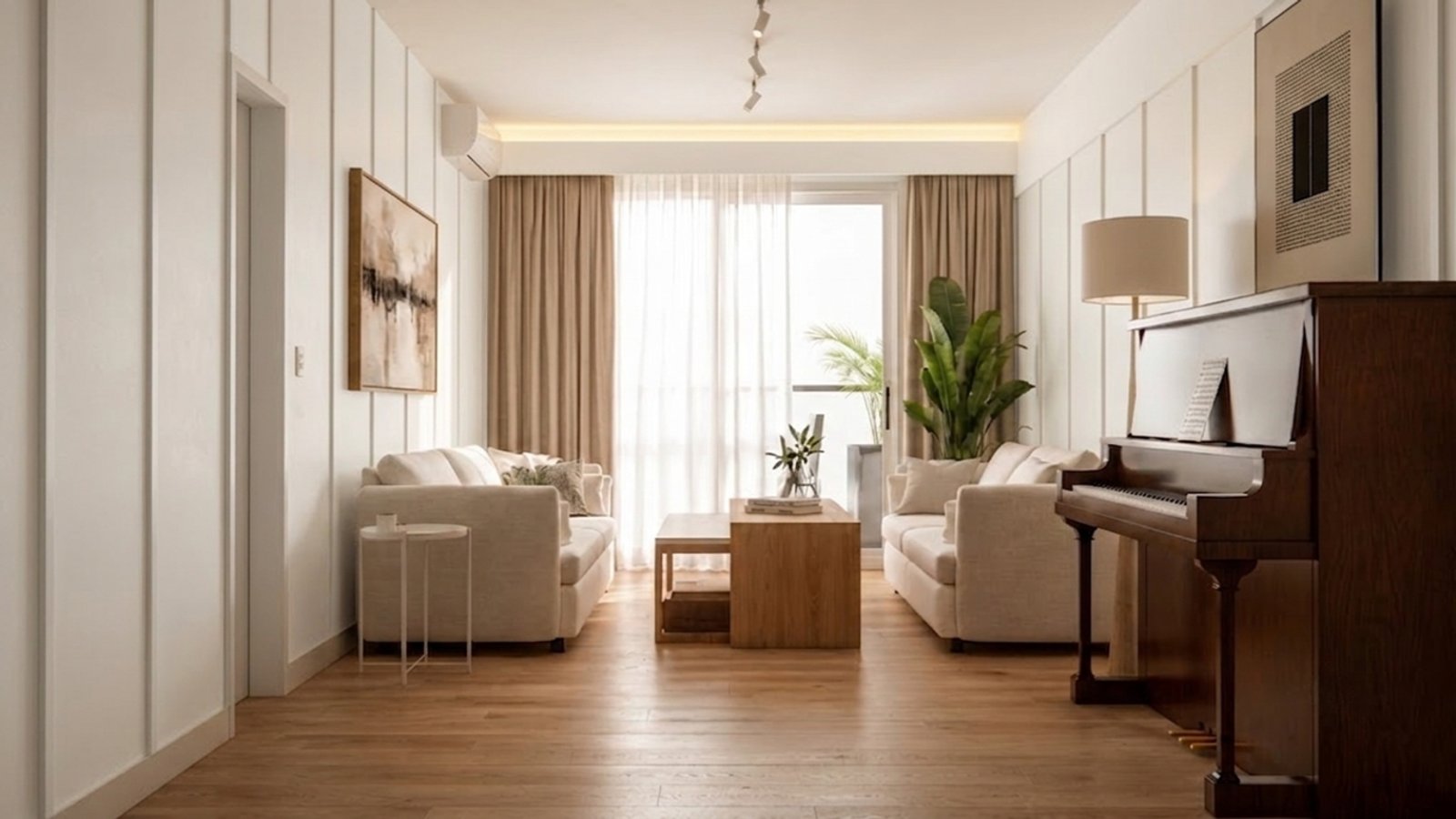 Sala de estar moderna con piano y paredes de madera — proyecto Reforma departamento minimalista , por Mela Deco Design, en Buenos Aires