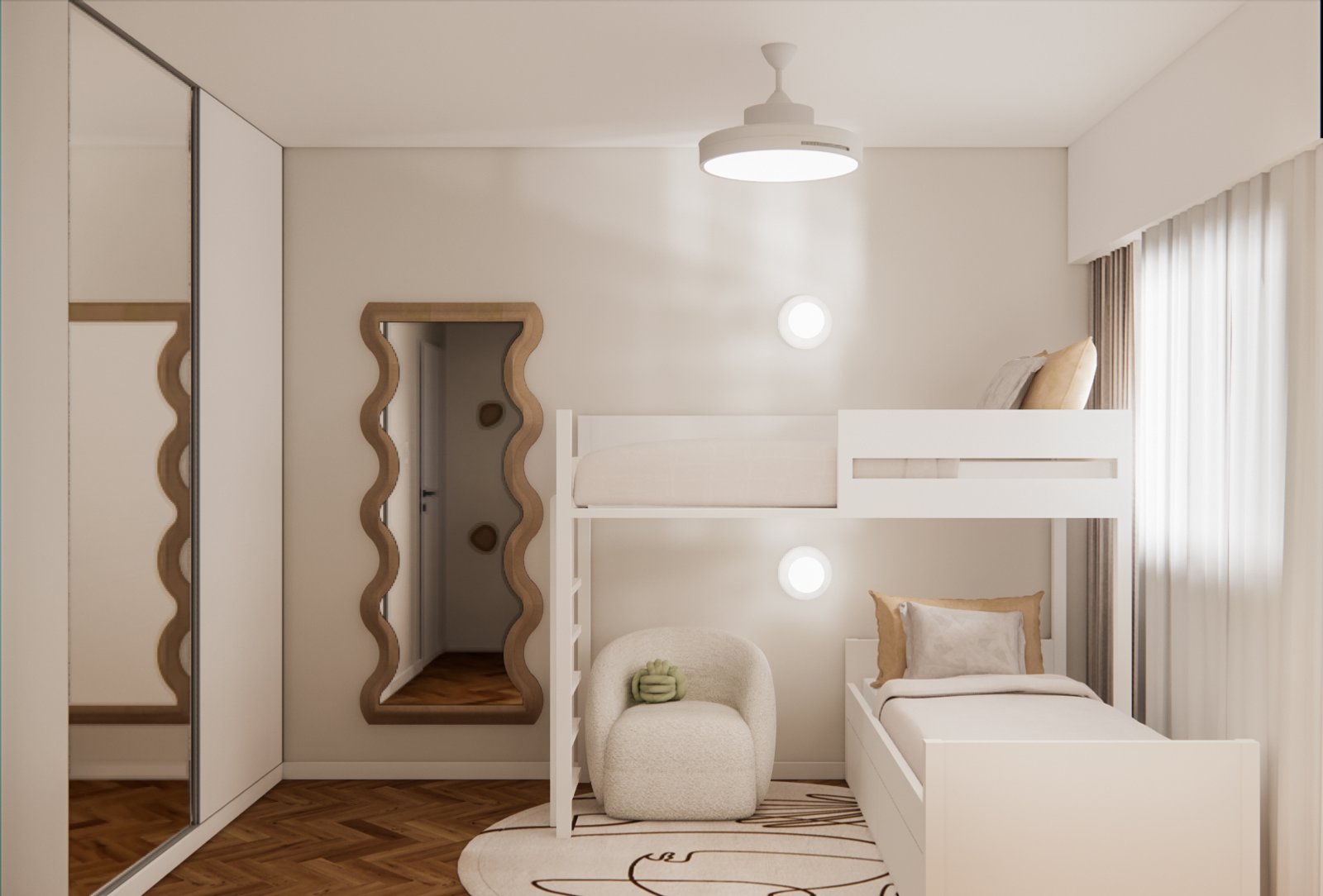 Dormitorio moderno con litera y sillón curvo — proyecto Diseño moderno de estar comedor y habitaciones, por Mela Deco Design, en Buenos Aires