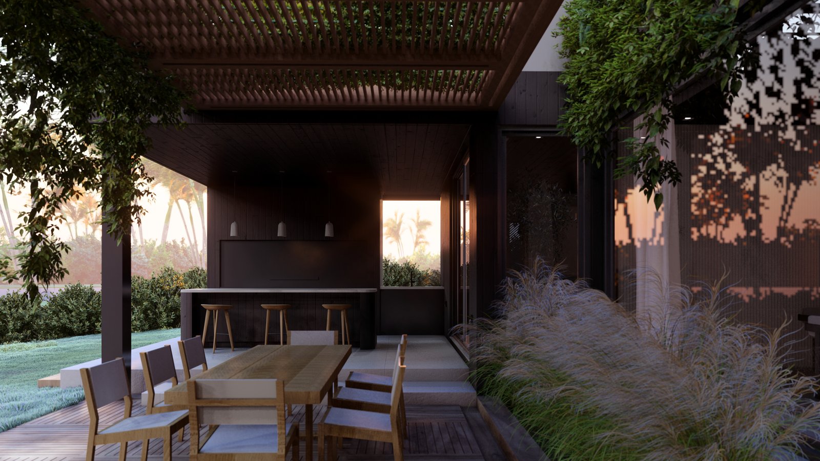 Comedor exterior moderno y rústico con pérgola de madera — proyecto Casa AT , por Hermann Arquitectos, en Av. de los Lagos
