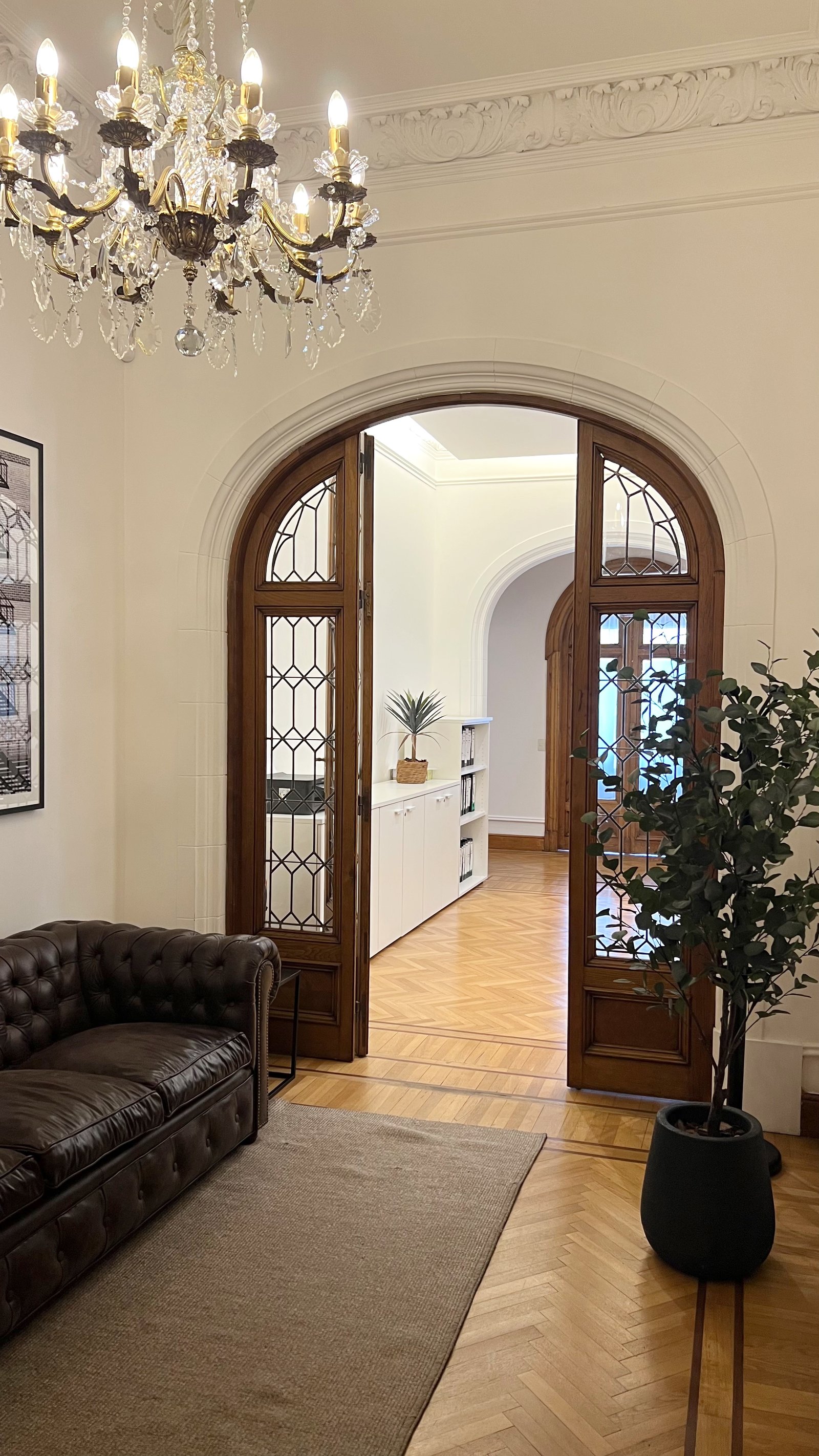 Sala de estar clásica con sofá de cuero y araña de cristal — proyecto MONTEVIDEO, por Estudio RG, en Recoleta