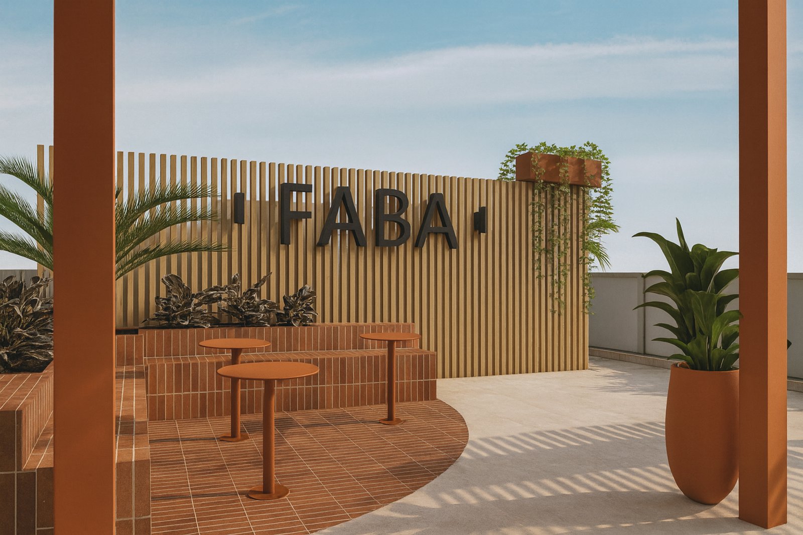 Patio moderno con suelo de terracota y vallas de madera — proyecto Proyecto FABA Federación Bioquímica de la Provincia de Buenos Aires, por ivanadesign.estudio, en La Plata