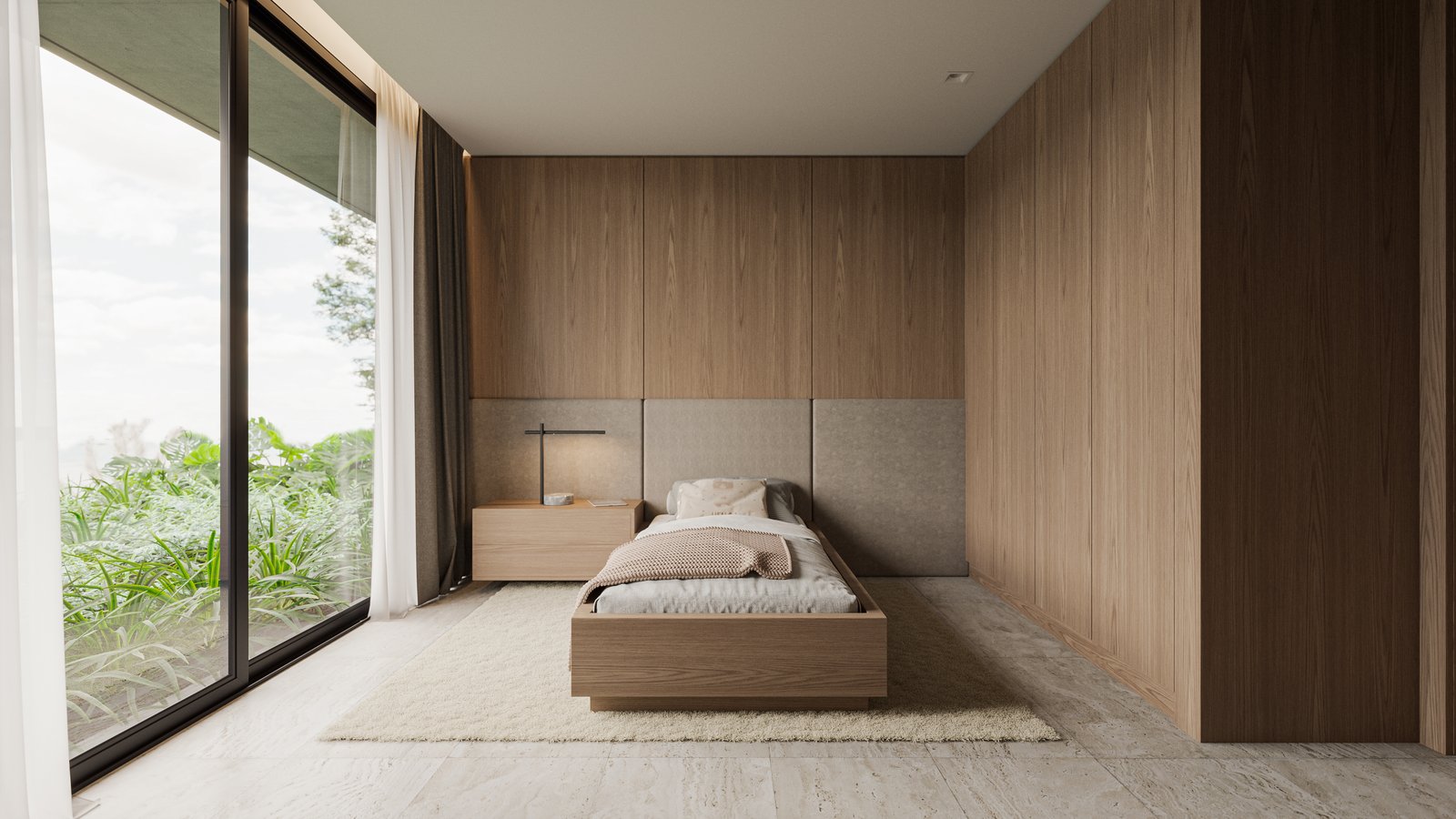 Dormitorio moderno con ventanales amplios y madera natural — proyecto Casa CALMA, por Grupo CRBN, en Av. de los Lagos 100