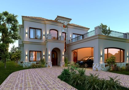 Fachada moderna de casa suburbana con garage integrado y jardín — proyecto Casa PM178, por EZ architects, en Belén de Escobar