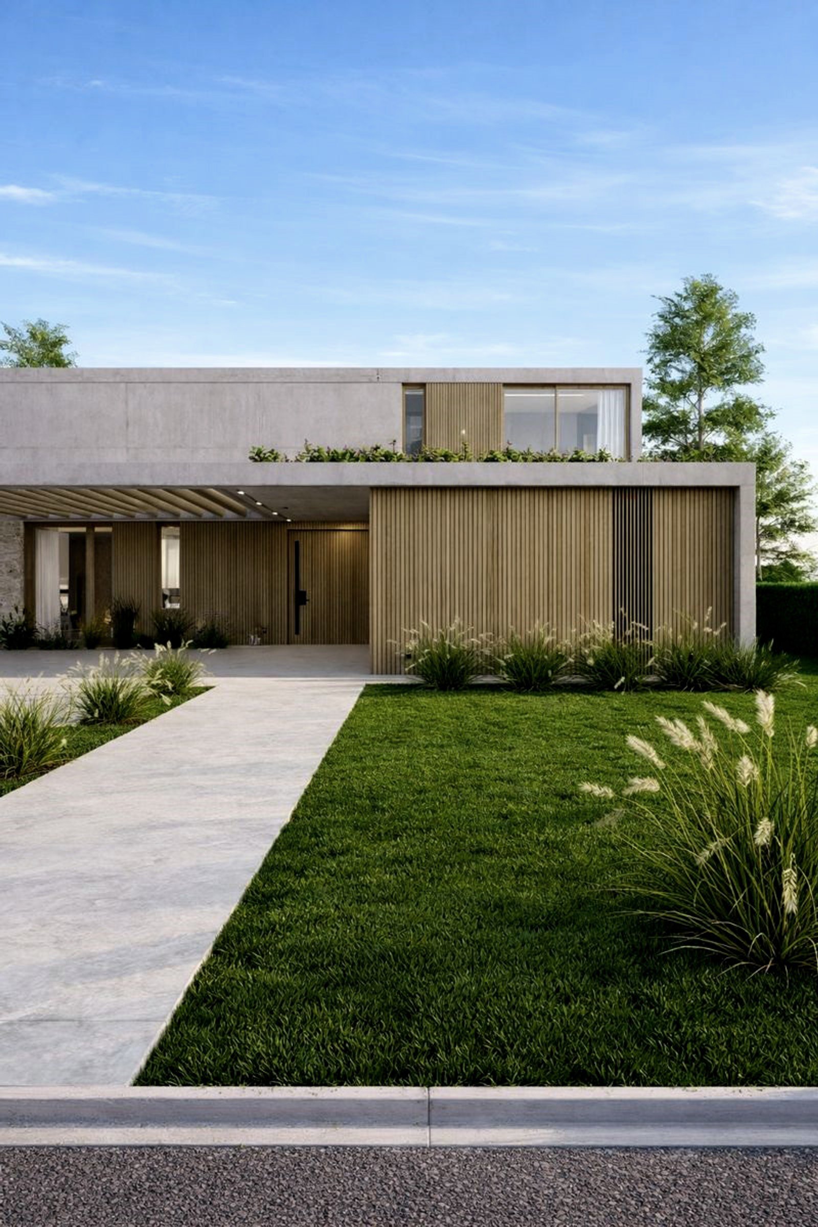 Fachada moderna de concreto y madera con jardín integrado — proyecto Casa SC464, por EZ architects, en La Garza