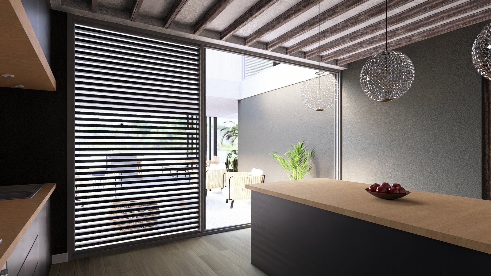 Cocina moderna escandinava con isla, mucha madera y piedra — proyecto Casa ST, por Hermann Arquitectos, en Av. del Golf 3445