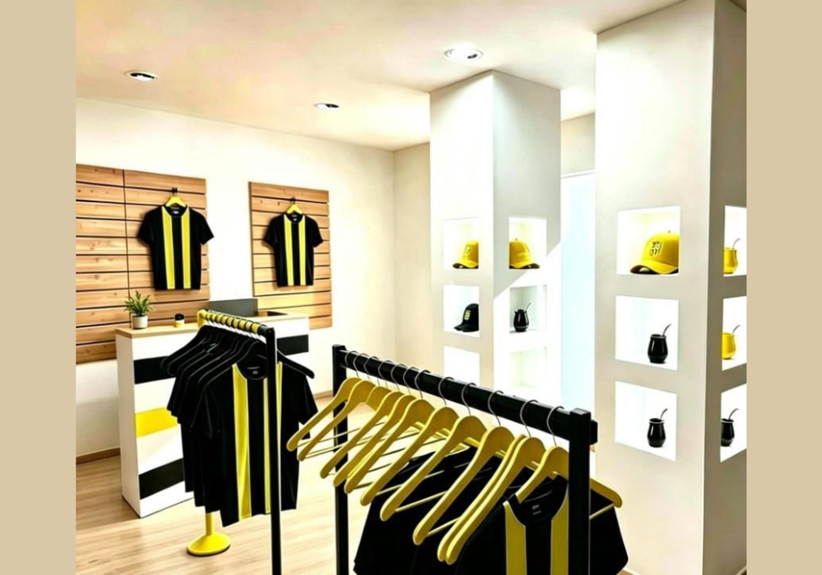 Local de indumentaria deportiva con ropa a rayas — proyecto Showroom Club Olimpo Bahía Blanca, por FA DISEÑO Y AMBIENTACION, en Bahía Blanca