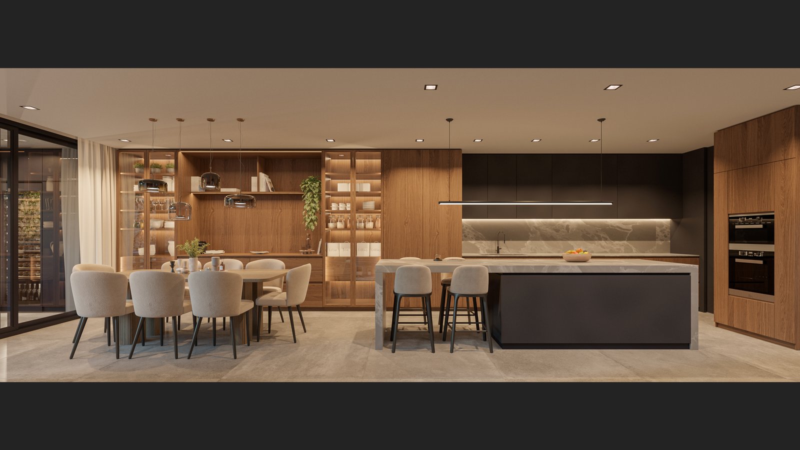 Cozinha moderna de madeira com ilha central e sala de jantar integrada — projeto Casa IZA, por Grupo CRBN, em Villa Urquiza
