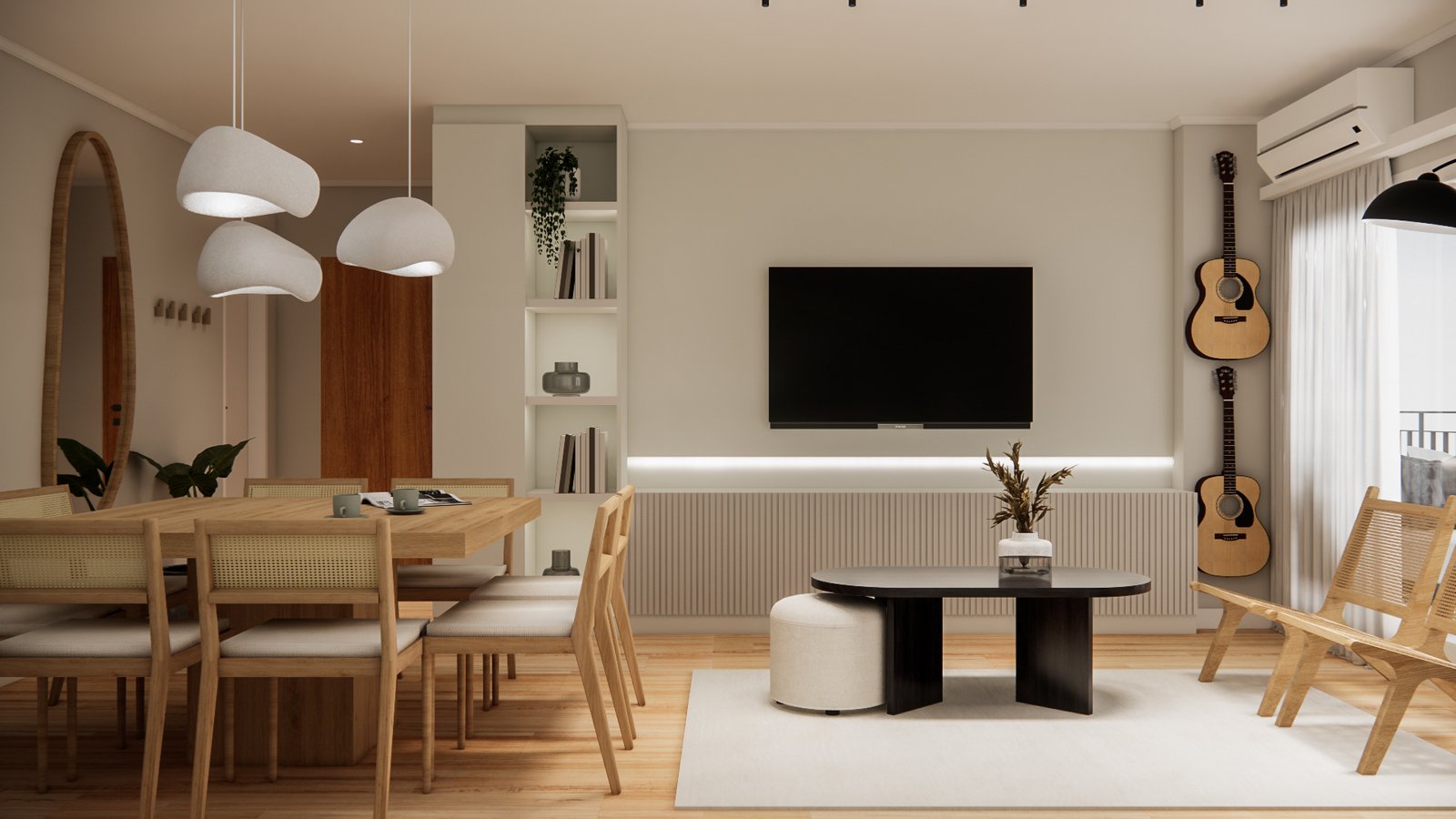 Living comedor escandinavo moderno con detalles en madera clara — proyecto Minimalismo Urbano: Estilo NYC, por Mela Deco Design, en Buenos Aires
