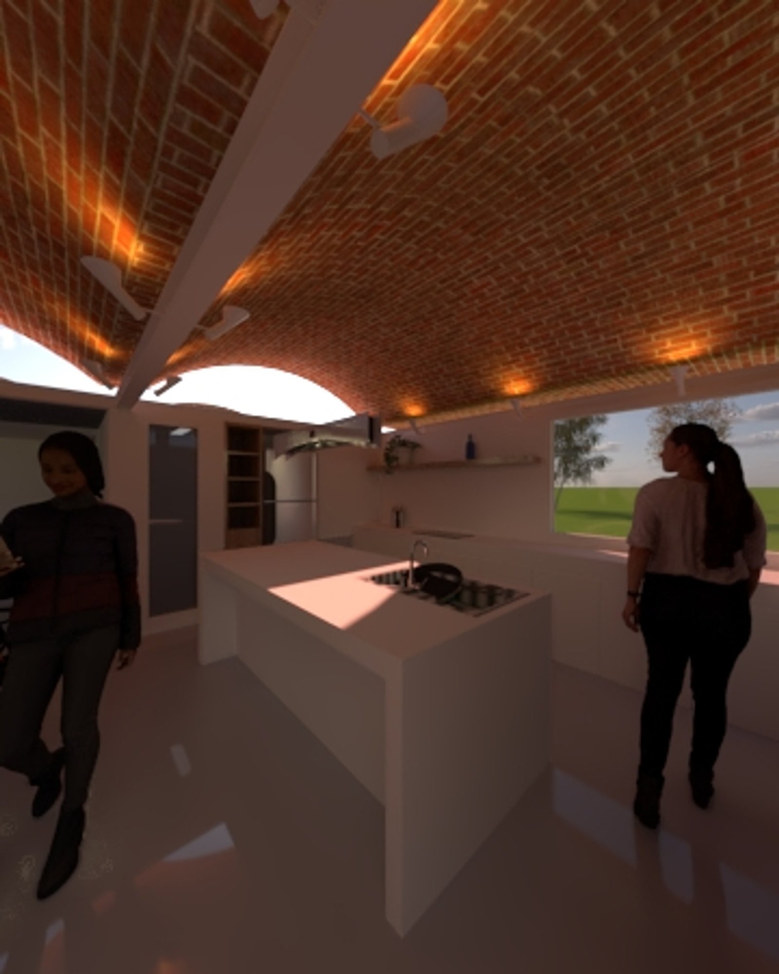 Cozinha moderna com teto abobadado de tijolos e ilha minimalista — projeto Monopol, por Agostina Litvak, em Pilar