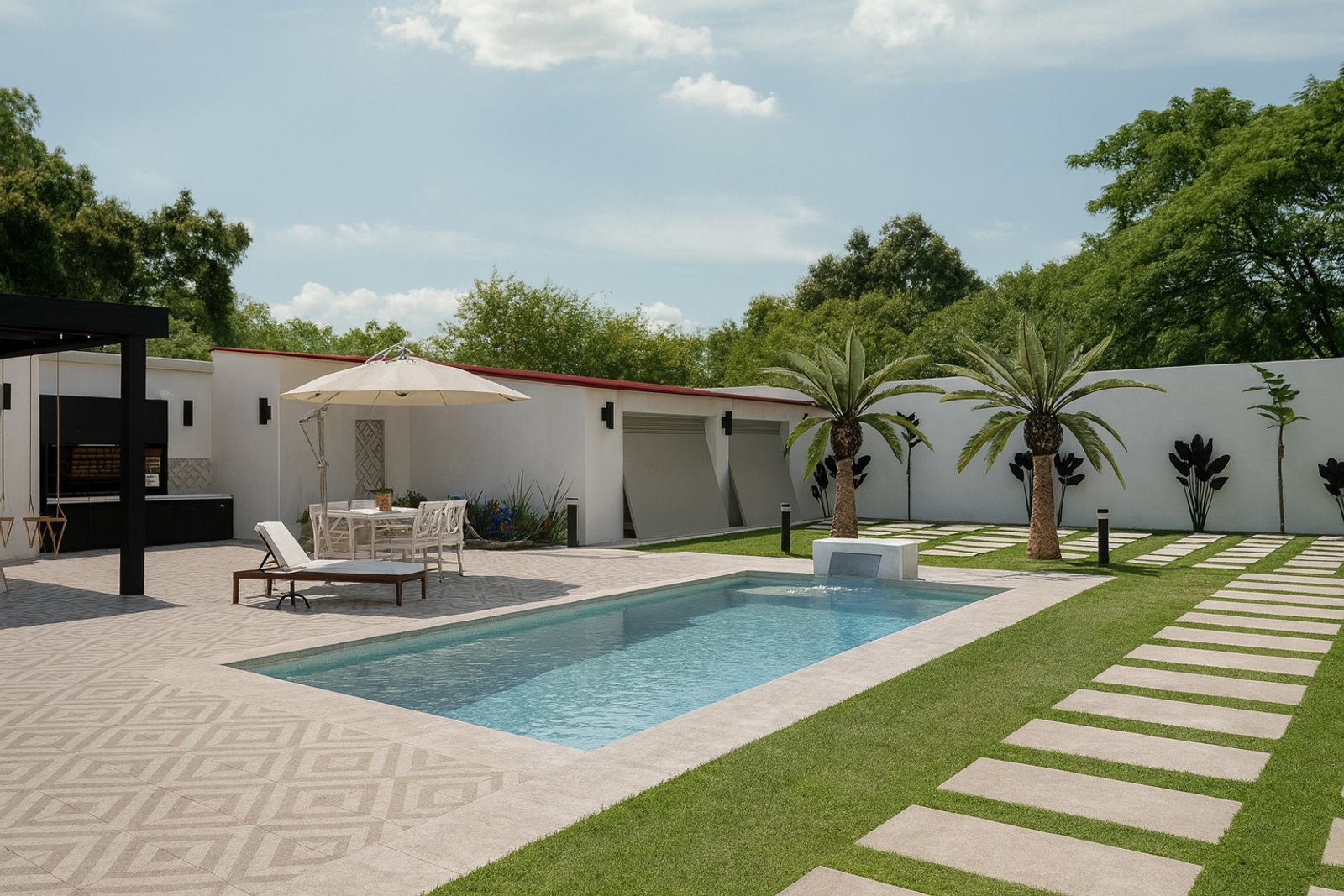 Piscina moderna mediterrânea com pátio e palmeiras — projeto Proyecto Leo y Noe, por ivanadesign.estudio, em San Bernardo del Tuyú