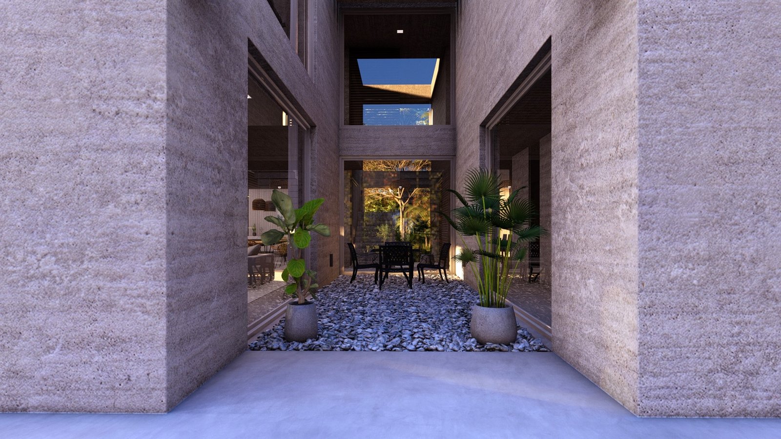 Fachada moderna con patio interior de tierra apisonada y vegetación — proyecto Casa AC, por Hermann Arquitectos, en Nordelta