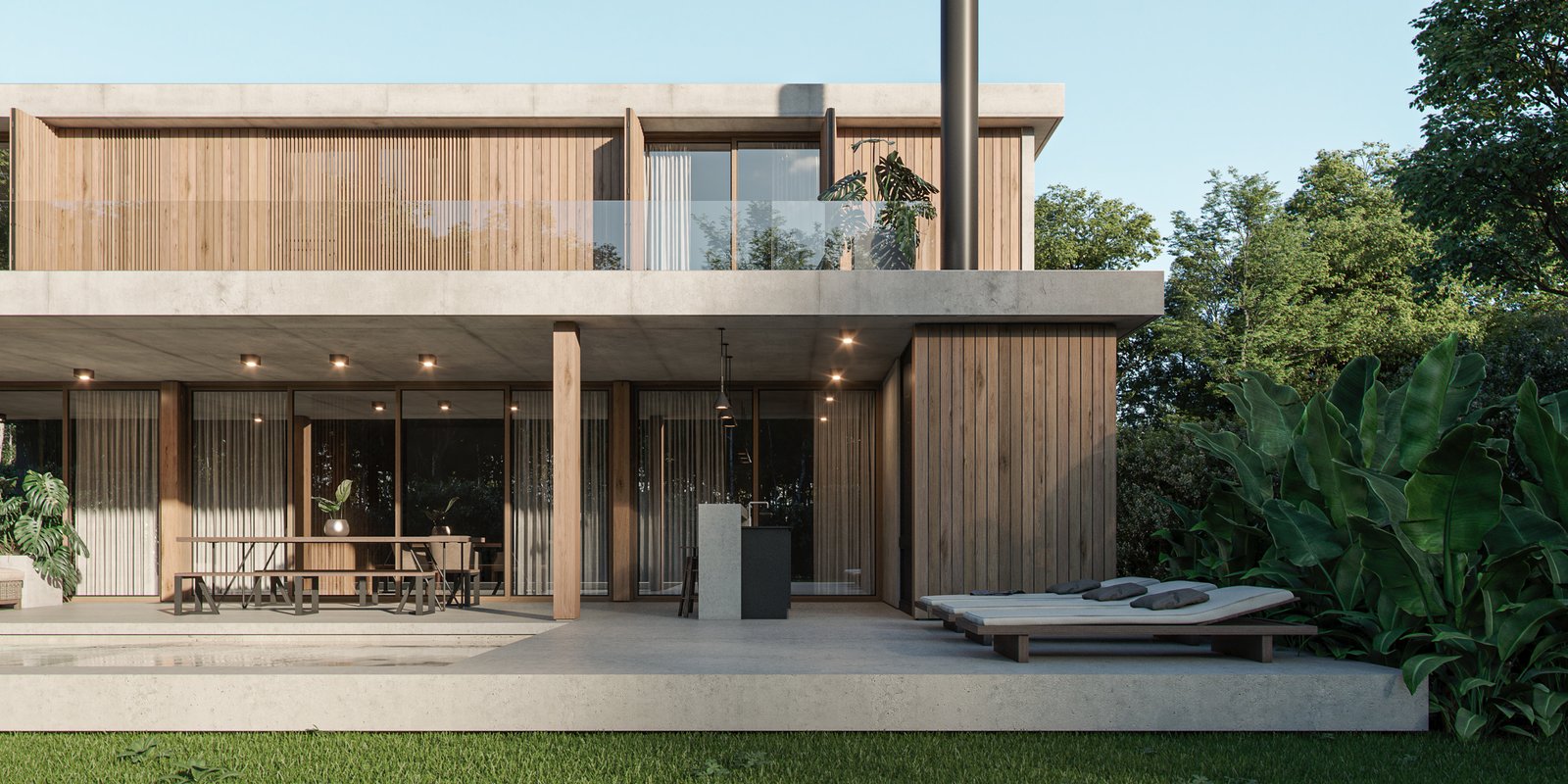 Fachada moderna de madeira e concreto com vegetação exuberante — projeto Casa BRAVA, por Grupo CRBN, em Alejandro Korn