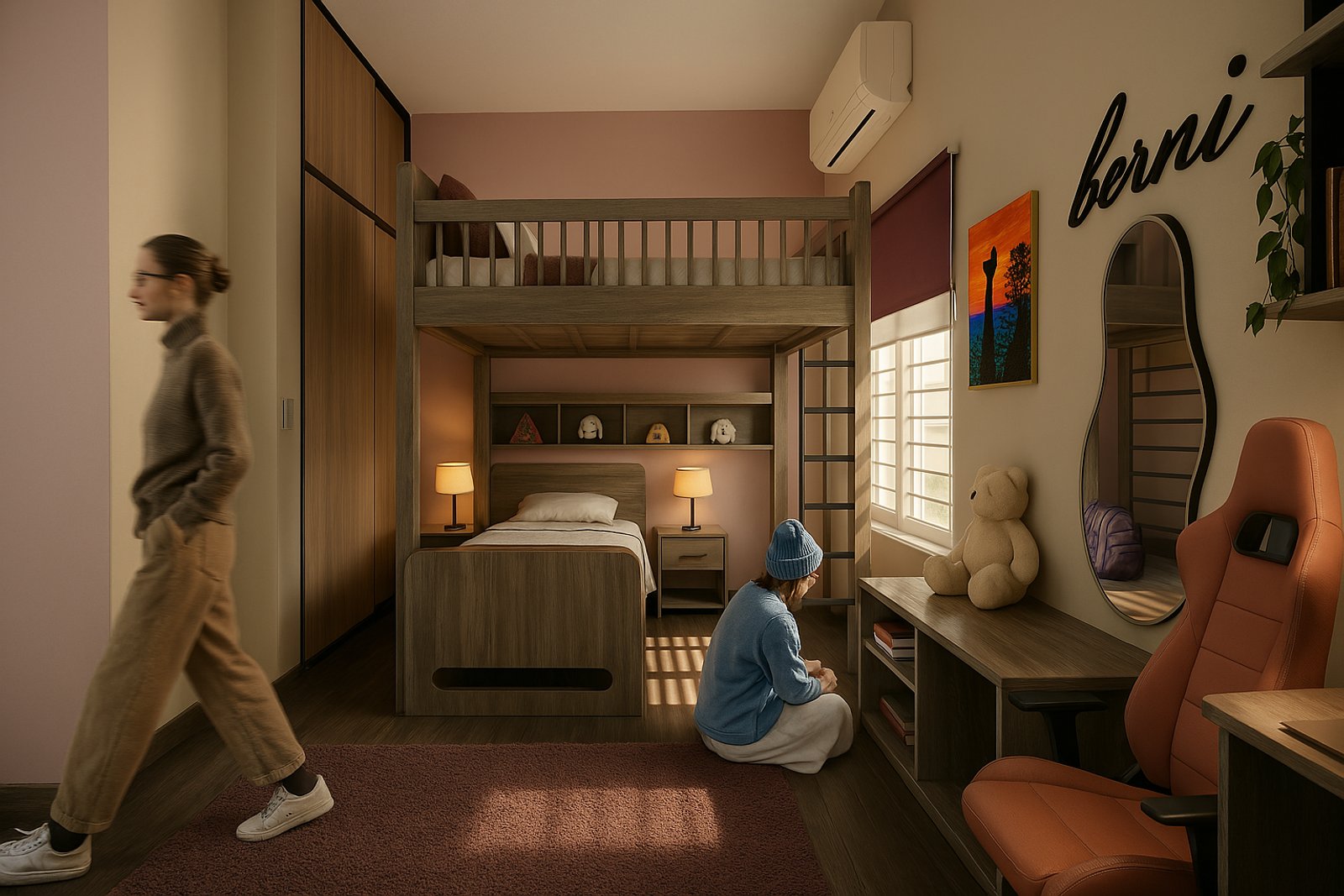 Dormitorio infantil moderno con cama cucheta y área de estar integrada — proyecto PROYECTO HABITACION JUVENIL, por TD Interiorismo, en San Fernando del Valle de Catamarca