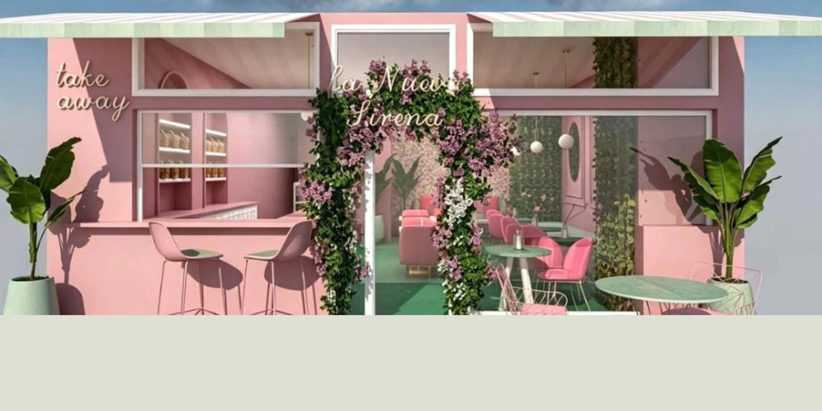 Fachada rosa con arco de flores y zona de mesas exterior — proyecto Pastelería la Nueva Sirena, por FA DISEÑO Y AMBIENTACION, en Bahía Blanca