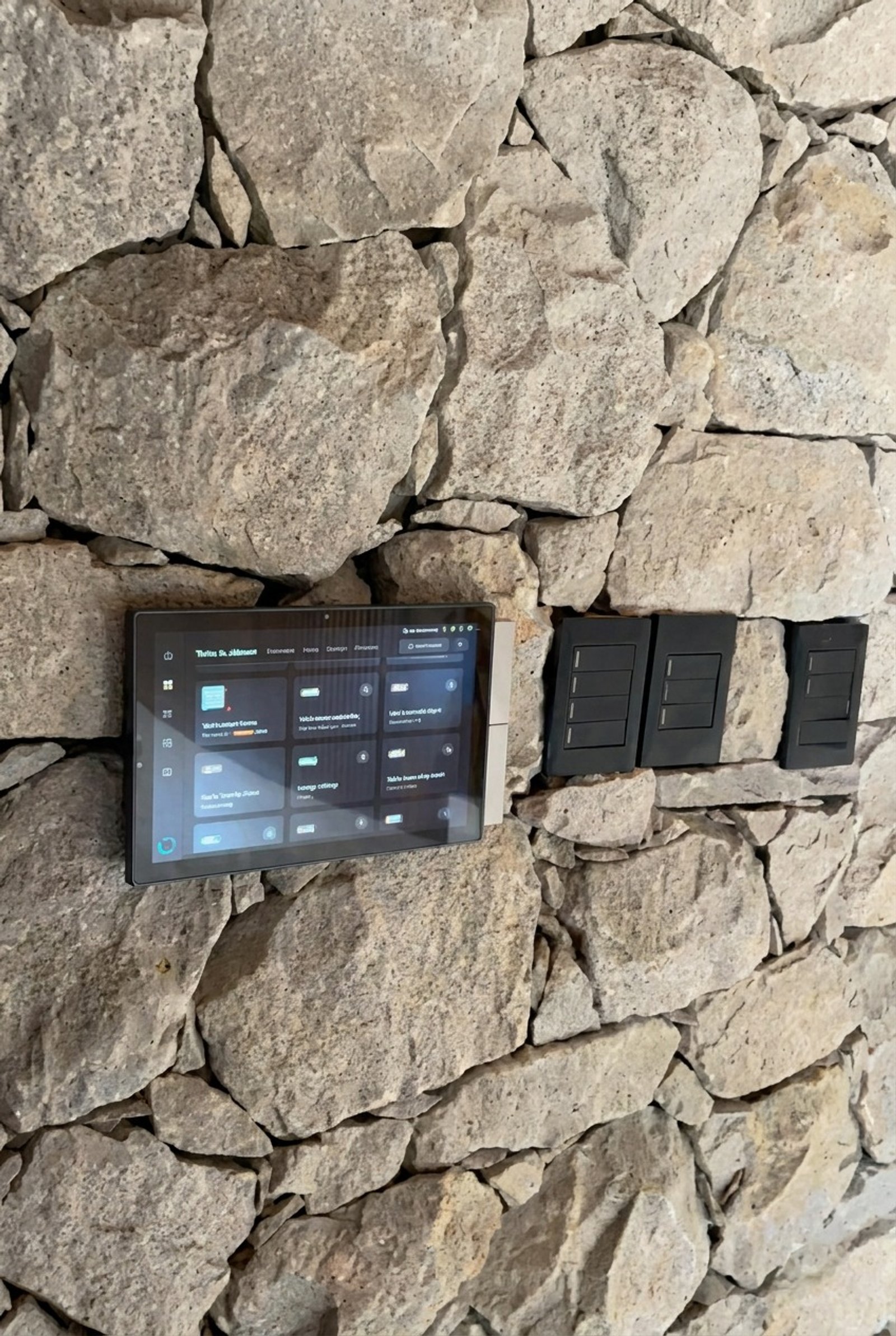 Panel de control domótico integrado en pared de piedra — proyecto Casa Isla Nordelta, por Cambre, en Nordelta