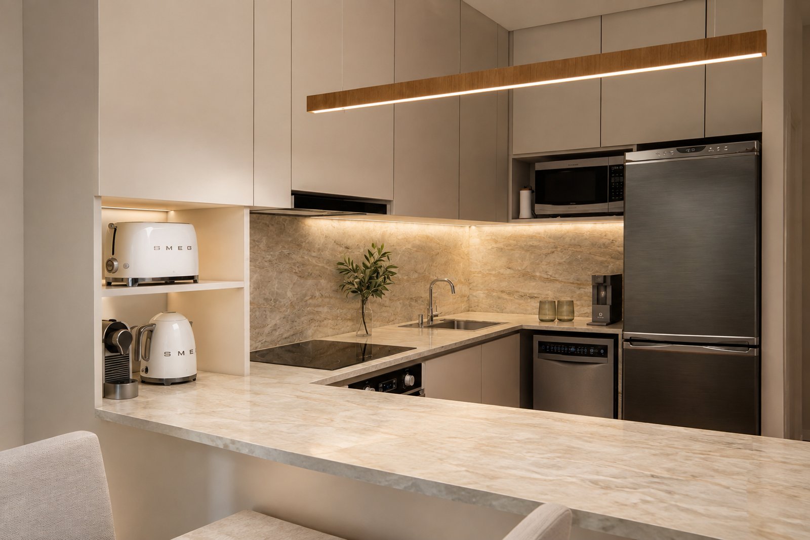 Cozinha moderna minimalista com acabamentos em madeira e mármore — projeto Reforma de departamento minimalista, por Mela Deco Design, em Buenos Aires