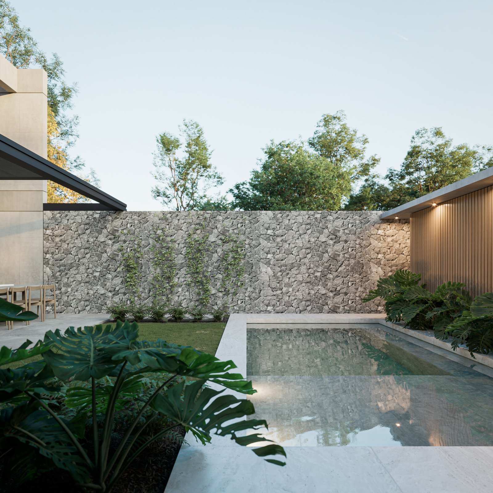 Pileta moderna con pared de piedra y vegetación exuberante — proyecto Casa IZA, por Grupo CRBN, en Villa Urquiza