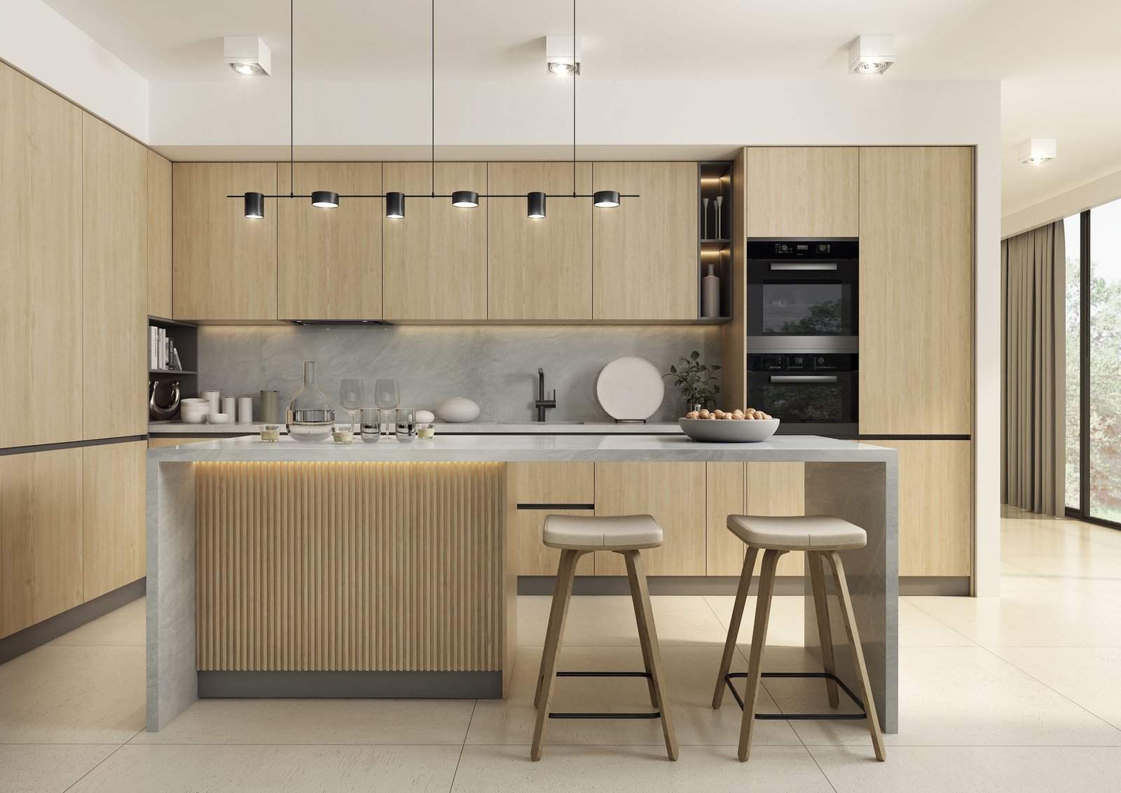 Cocina moderna con isla de madera y mármol, iluminación cálida y minimalista — proyecto 60x60, por Cerámica Alberdi 