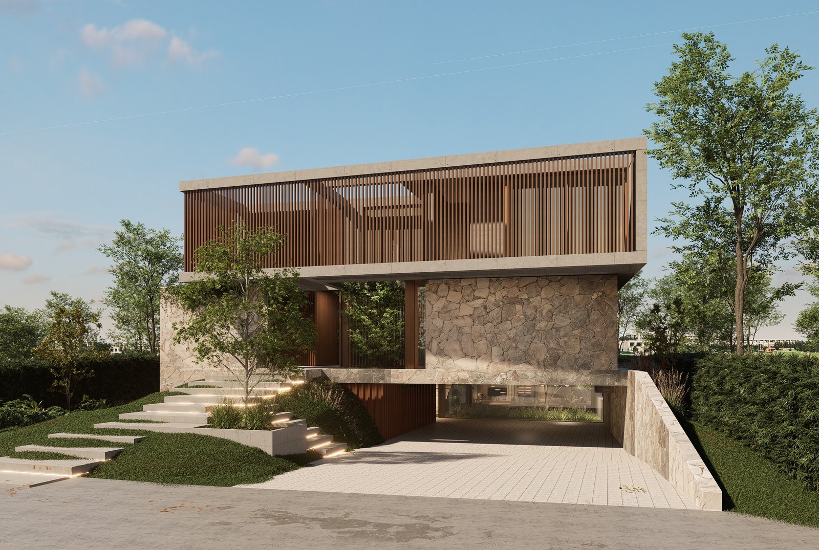 Casa moderna con estructura en voladizo y contraste de piedra y madera — proyecto Los Puentes 246, Nordelta, por Build a Home Arquitectura, en Rincón de Milberg