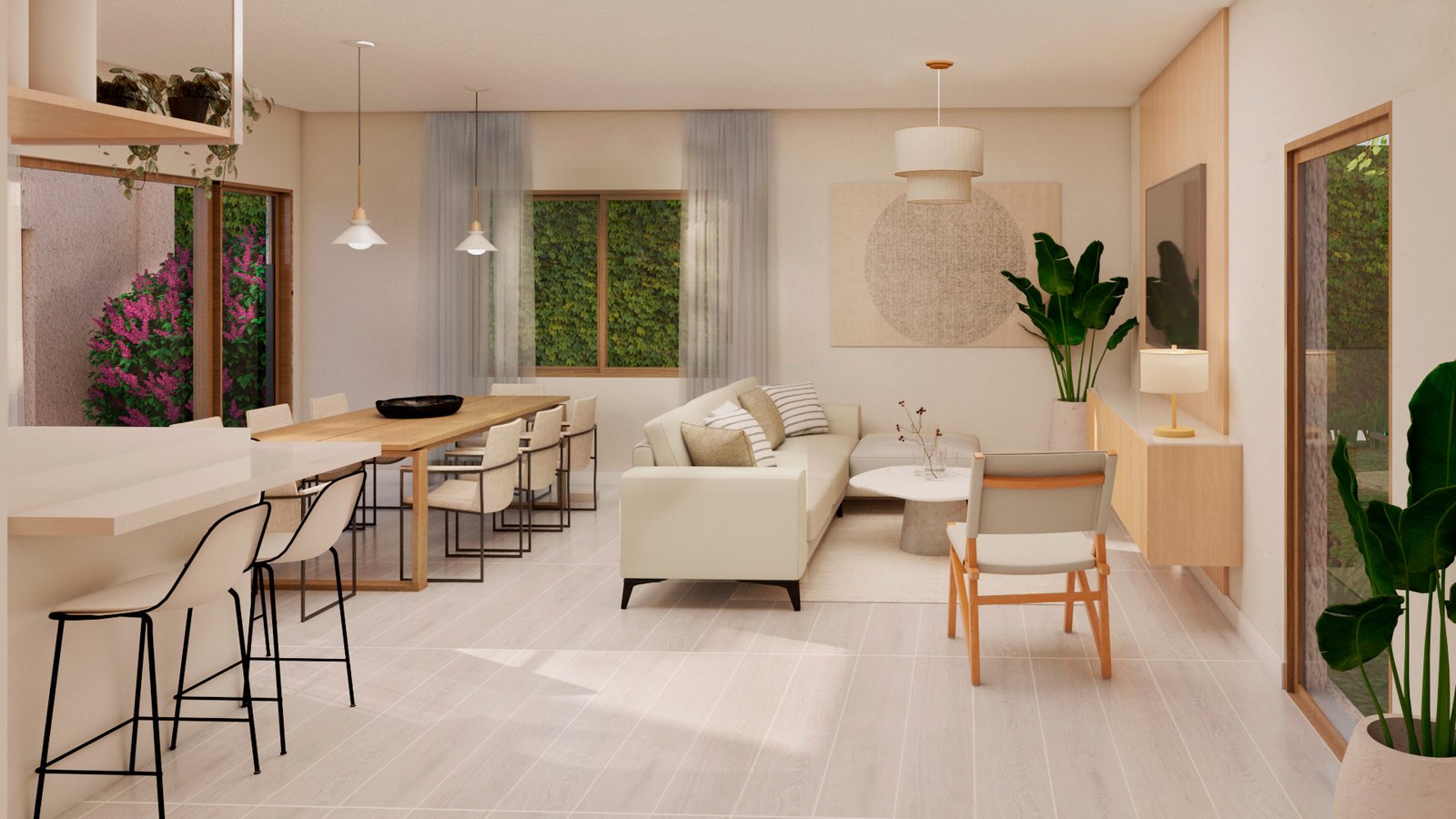 Living comedor moderno y luminoso con arte abstracto — proyecto Casa NN, por Estudio Agga Home, en Ezeiza