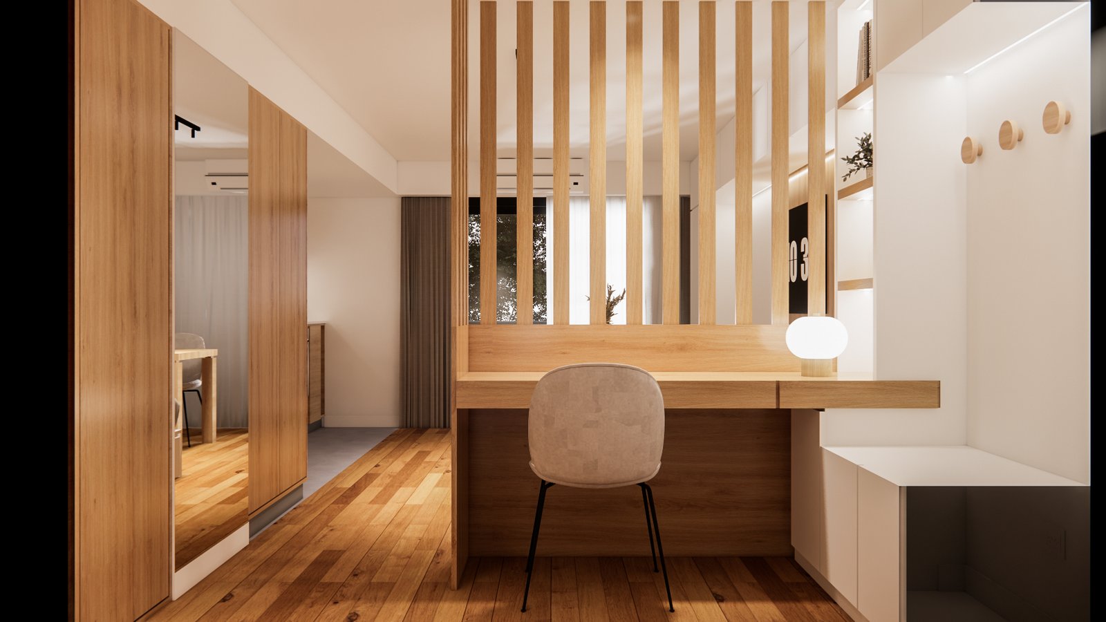 Corredor moderno com divisória de ripas de madeira e escrivaninha embutida — projeto Renovación de monoambiente, por Mela Deco Design, em Buenos Aires