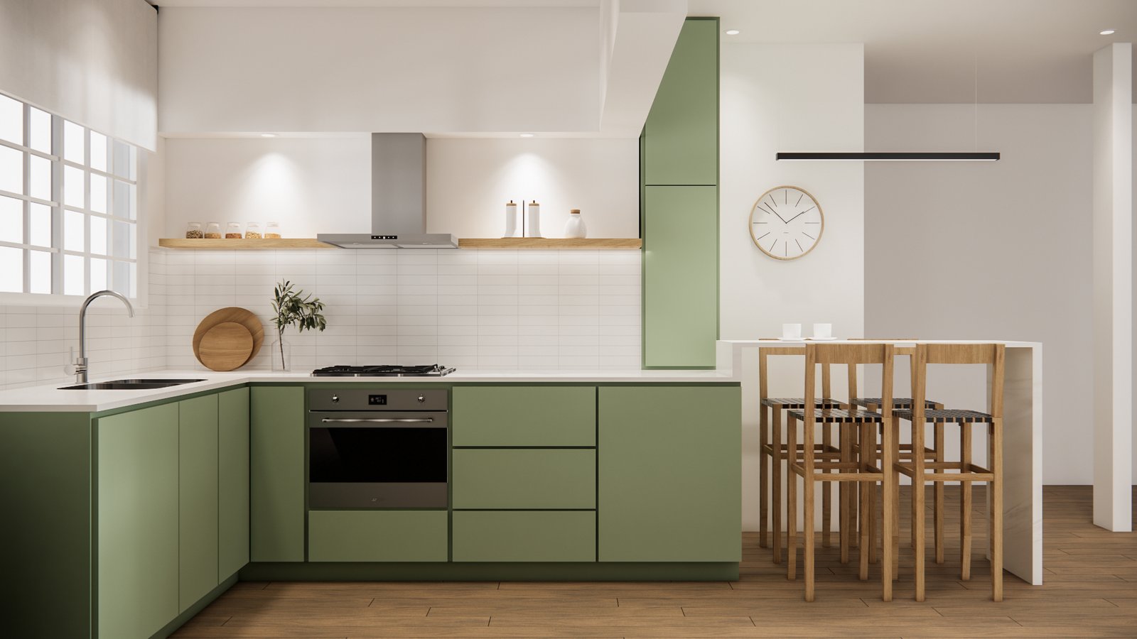 Cozinha moderna minimalista com armários verdes e bancadas brancas — projeto Moderna, colorida y funcional cocina, por Mela Deco Design, em Buenos Aires