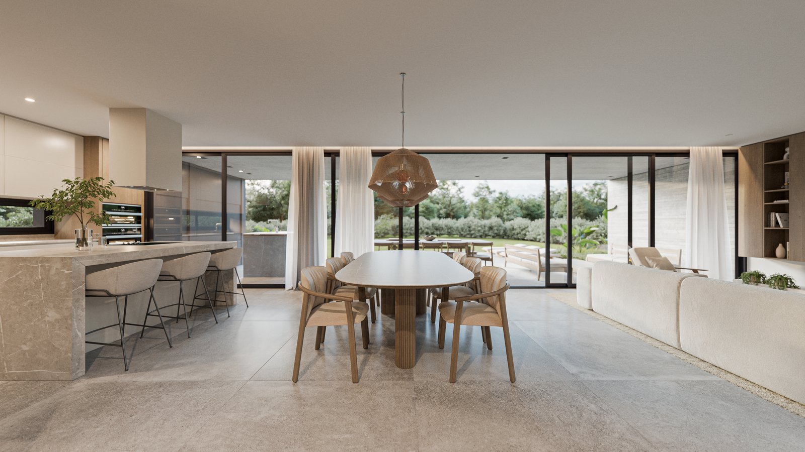 Comedor moderno abierto con mesa ovalada de madera y sillas beige — proyecto Casa BEAT, por Grupo CRBN, en Av. de los Lagos 1815
