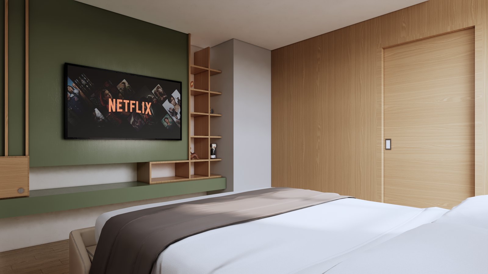 Dormitorio moderno con paneles de madera y pared verde — proyecto Roof Garden 7240, por Fenarq Estudio de Arquitectura, en Amozoc de Mota