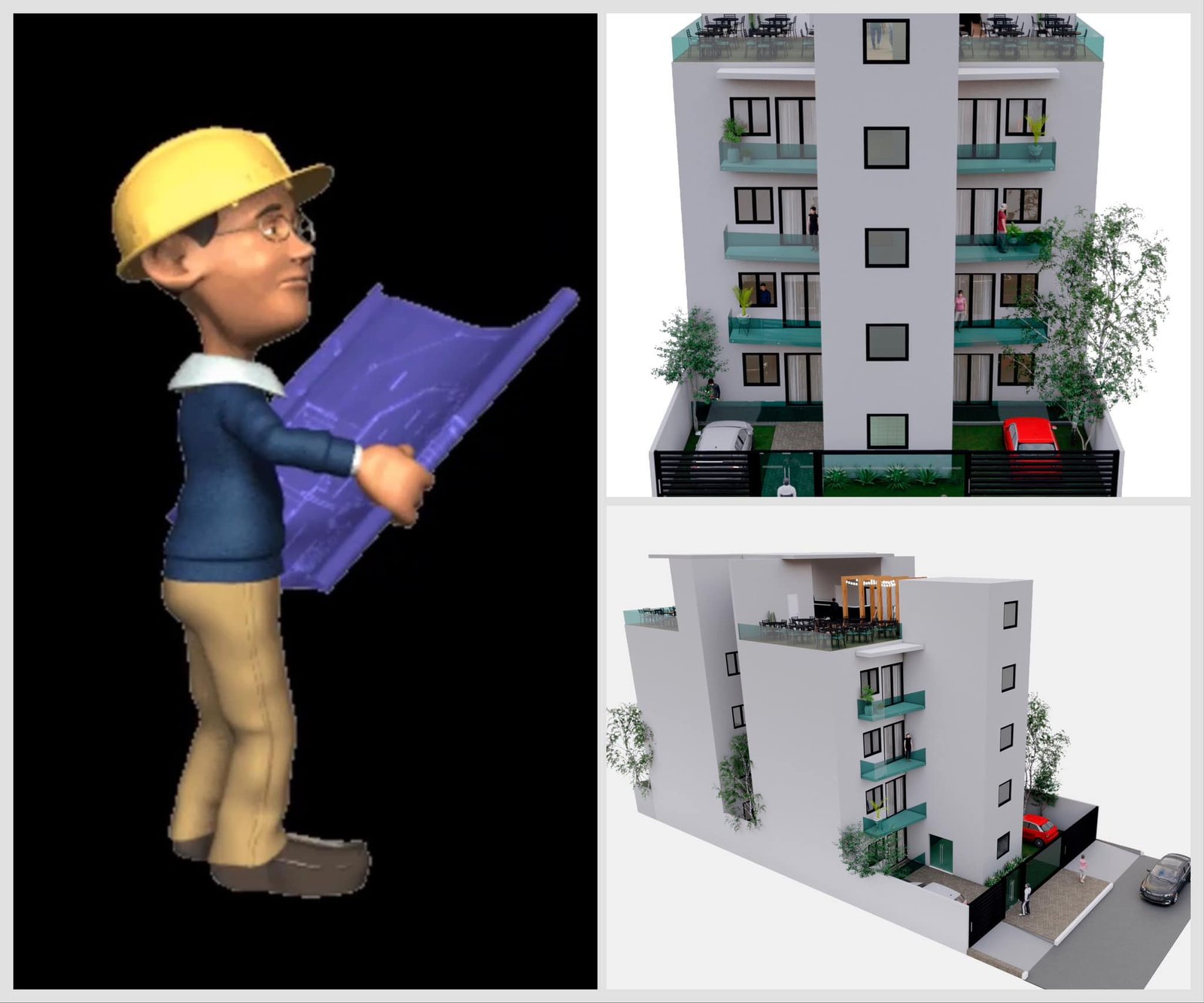 arquitecto de dibujos animados junto a edificios modernos — proyecto Edificio de departamentos con resto Bar en roftop., por Arquitecto Gustavo Maidana, en Caá Catí