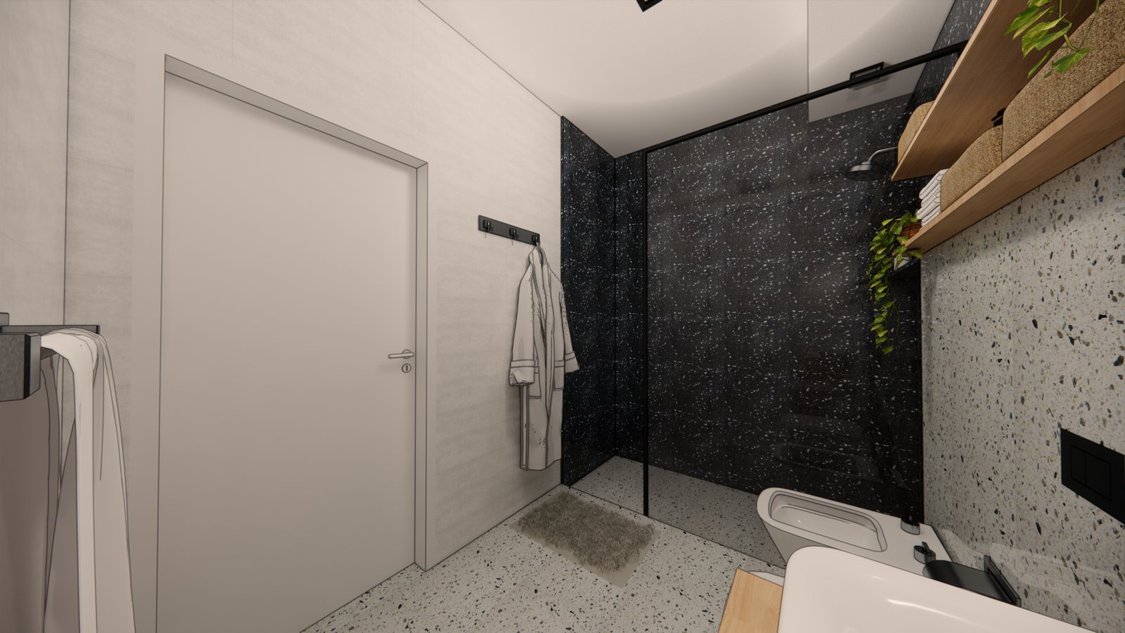 Baño moderno con pared de piedra oscura y suelo de terrazo — proyecto PROYECTO BM, por Todo con A, en X5125 Monte Cristo