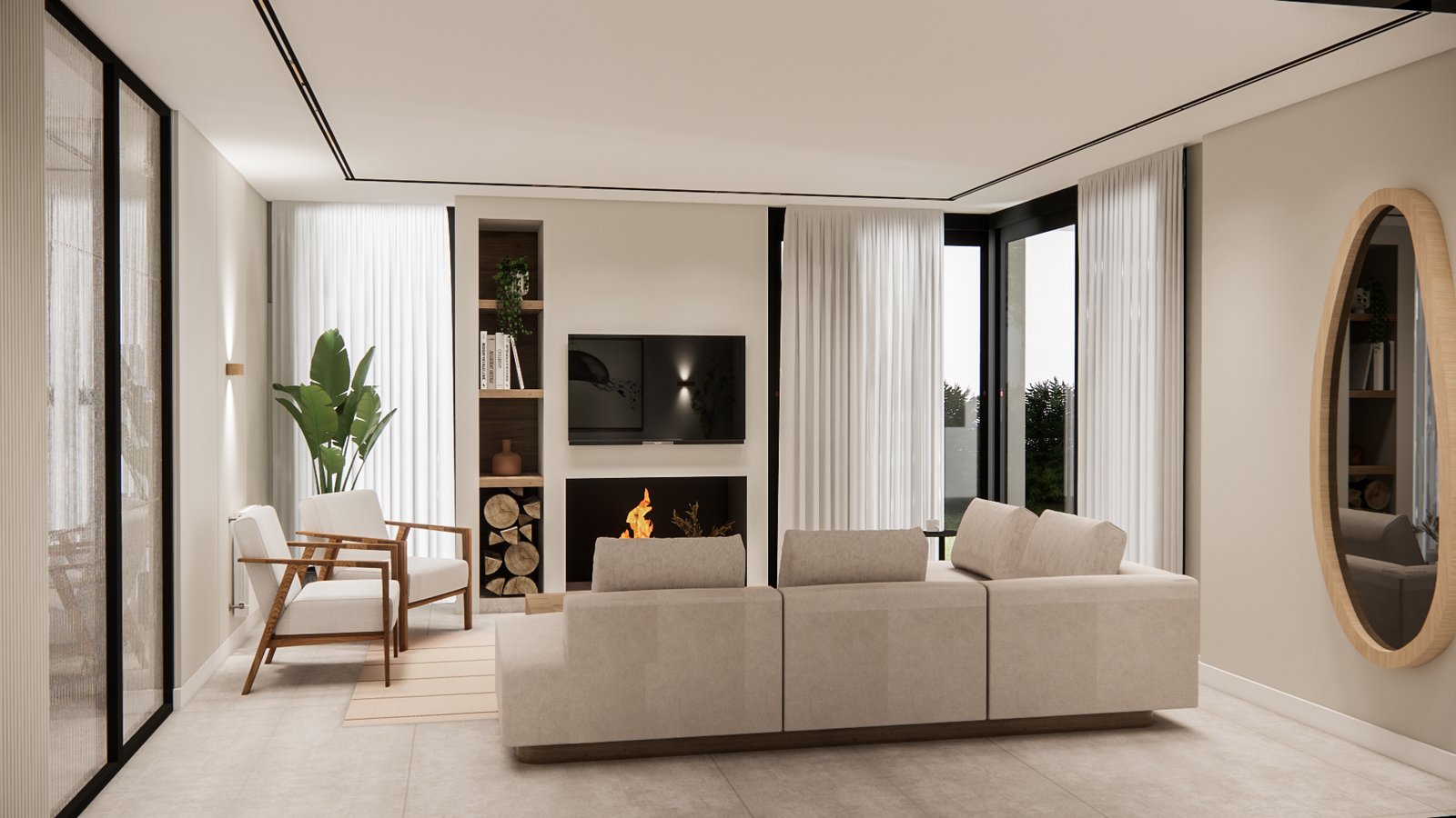 Living comedor moderno con chimenea y muebles claros — proyecto Casa moderna con espacio de cocina integrada, por Mela Deco Design, en Buenos Aires