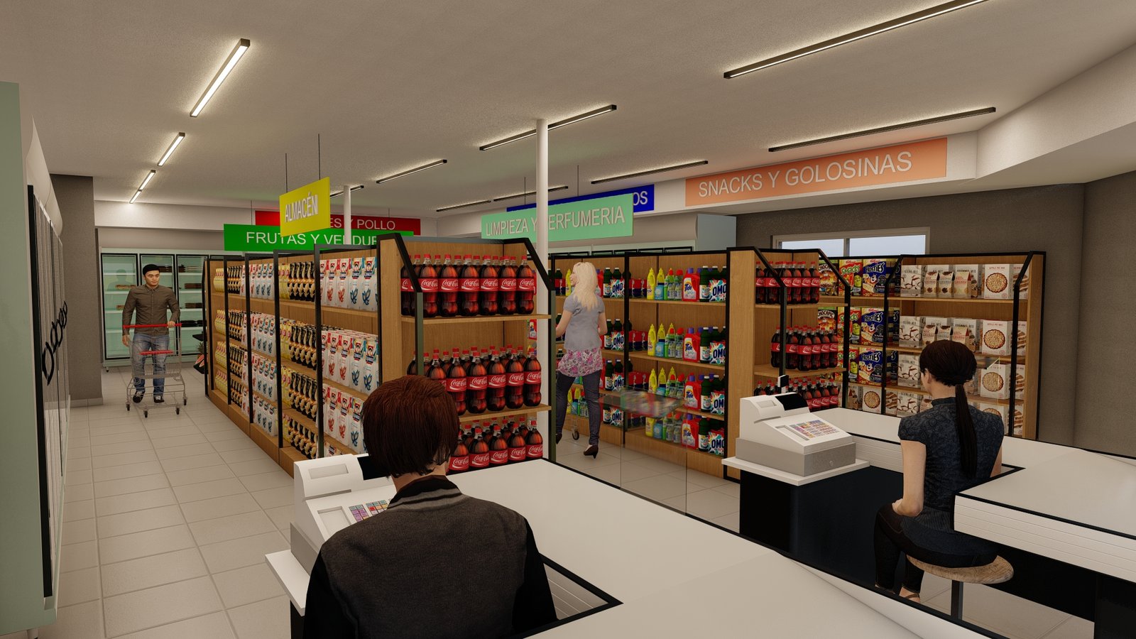 Supermercado moderno con estanterías y caja registradora — proyecto Ahyre Norte, por L8A | interiorismo & arquitectura, en Añelo