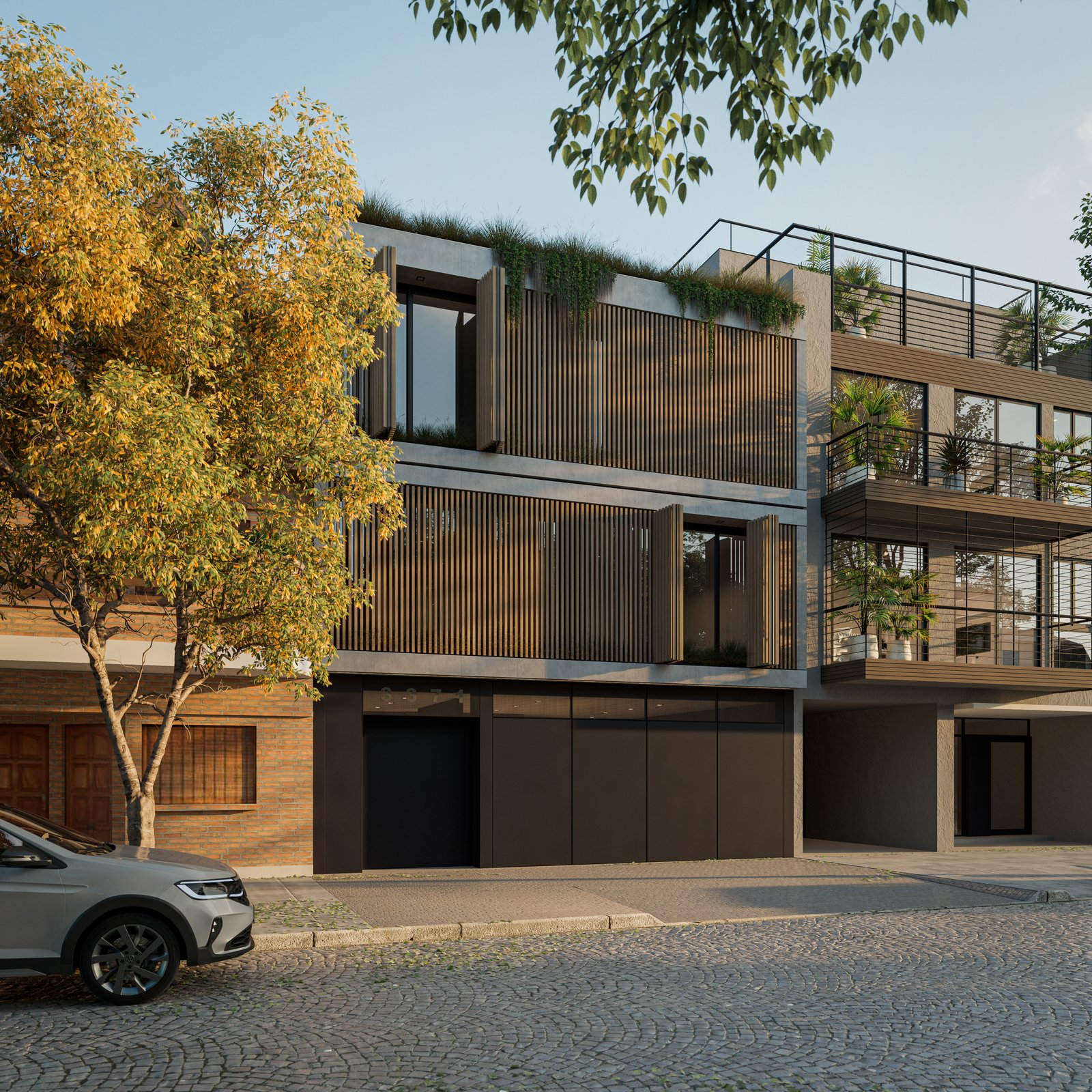 fachada moderna de edificio residencial con listones de madera y metal — proyecto Casa IZA, por Grupo CRBN, en Villa Urquiza