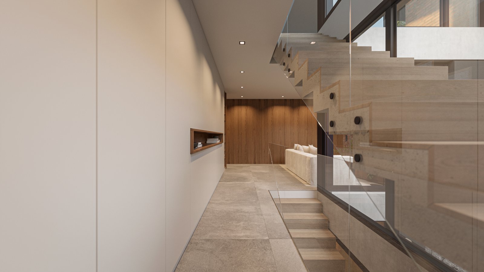 Pasillo moderno con escalera flotante y detalles en madera — proyecto Casa IZA, por Grupo CRBN, en Villa Urquiza