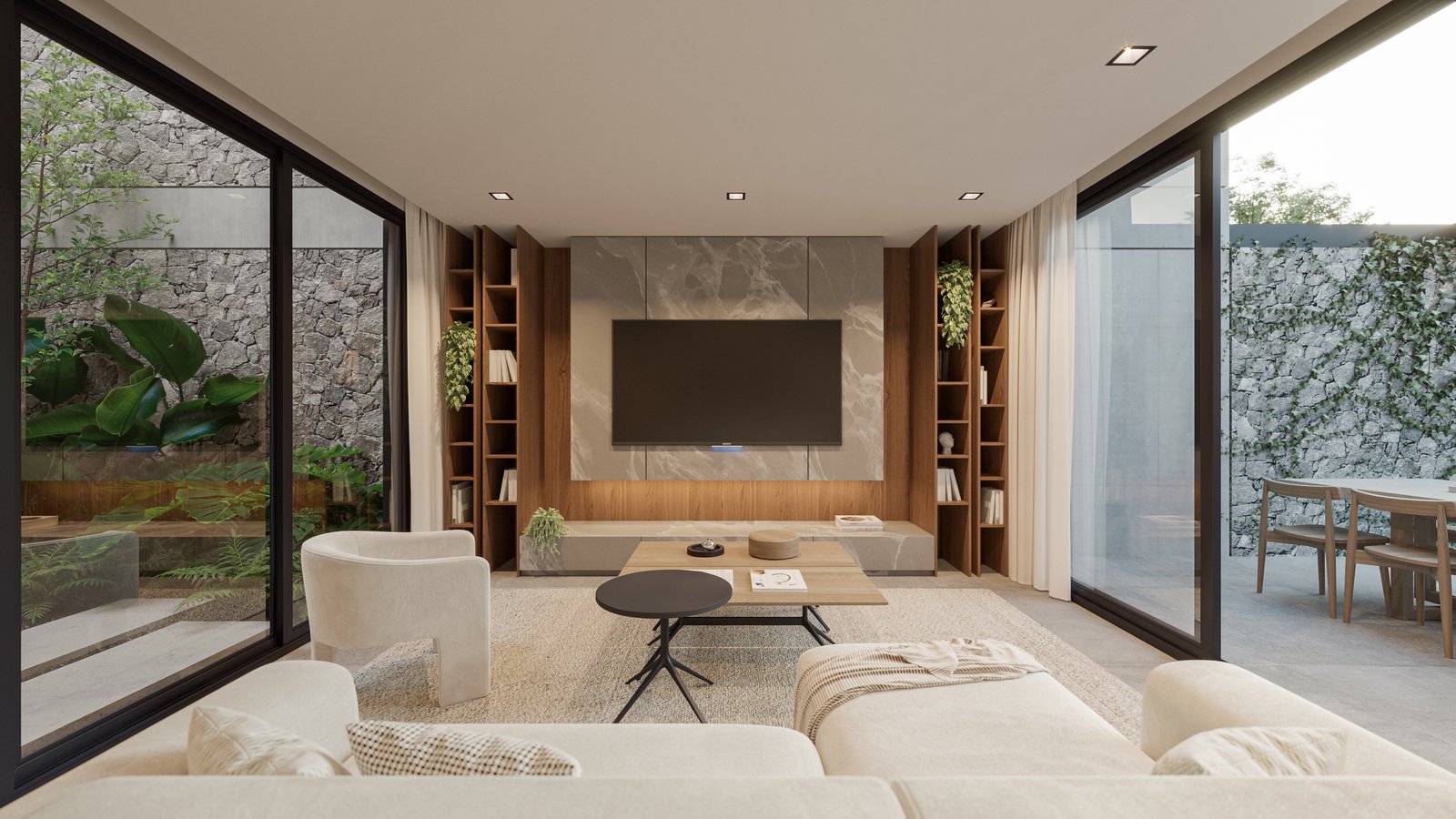 Sala de estar moderna com grandes janelas e prateleiras de madeira — projeto Casa IZA, por Grupo CRBN, em Villa Urquiza