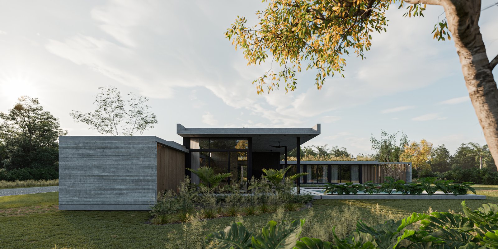 casa moderna brutalista con concreto expuesto y vegetación — proyecto Casa LAZO, por Grupo CRBN, en B2812 Exaltación de la Cruz