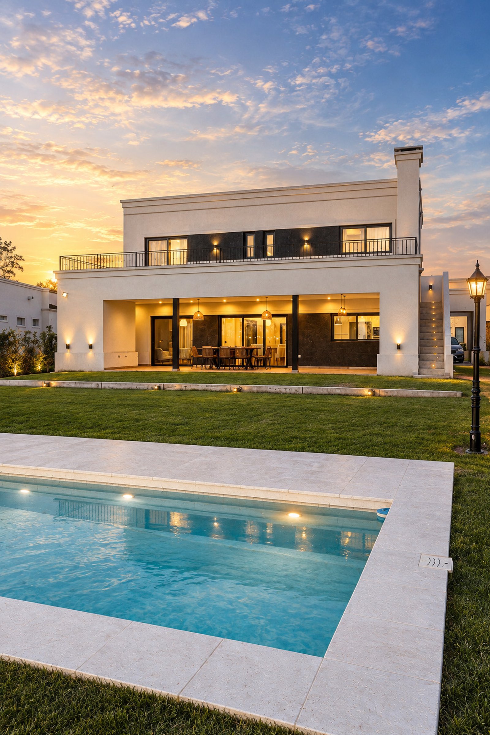 Casa moderna estilo mediterráneo con piscina y jardín al atardecer — proyecto SS45, por EZ architects, en Pilar
