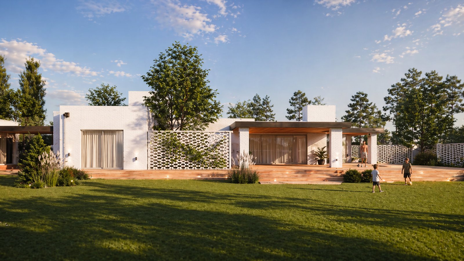 Casa moderna de una planta con jardín y pantalla decorativa — proyecto Vivienda en Villa del dique, por julianstraini7972, en Villa del Dique