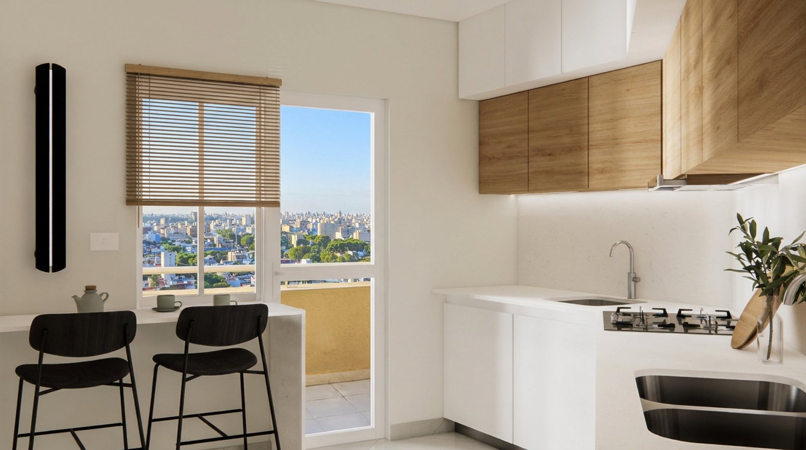 Cozinha escandinava moderna com vista urbana e armários de madeira — projeto Diseño de departamento moderno y elegante, por Mela Deco Design, em Buenos Aires