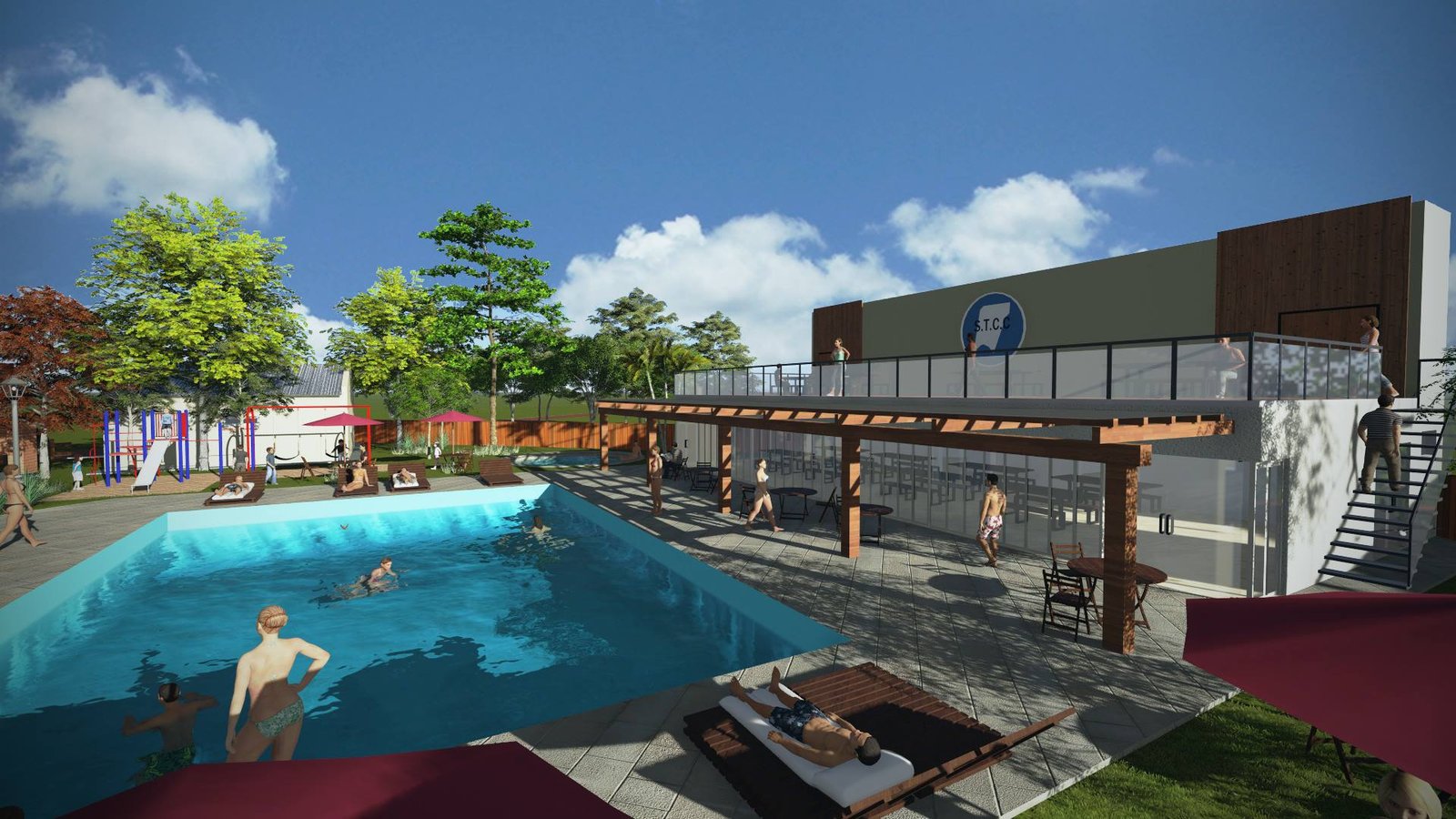 Área de piscina externa moderna com gramado e prédio — projeto Complejo turístico, sindicato de cerveceros Corrientes., por Arquitecto Gustavo Maidana, em Paso de la Patria