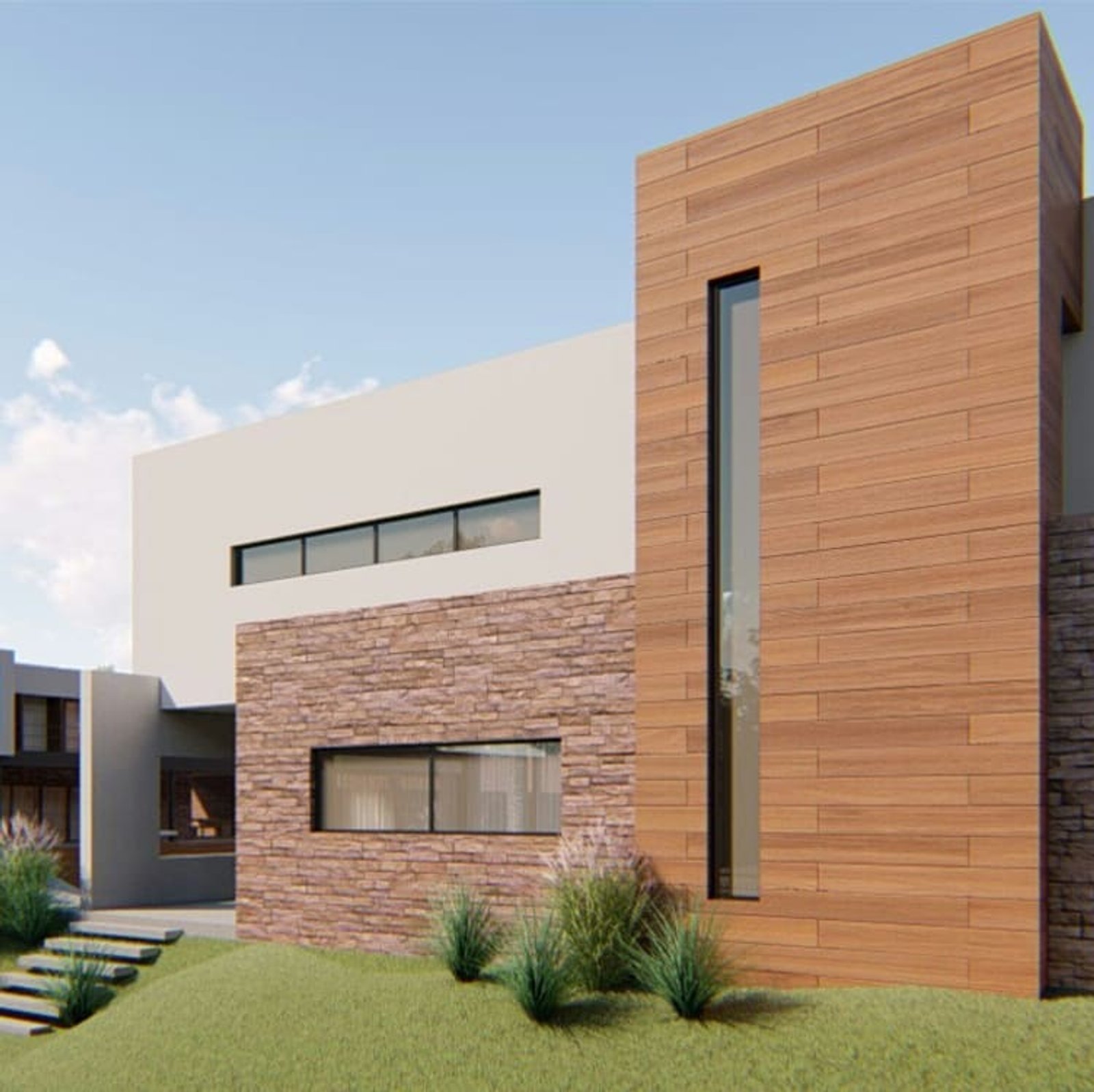 Fachada moderna con revestimiento de madera y piedra — proyecto Casa en el Pato 2, por Arquitecto Guido Niccoli, en El Pato